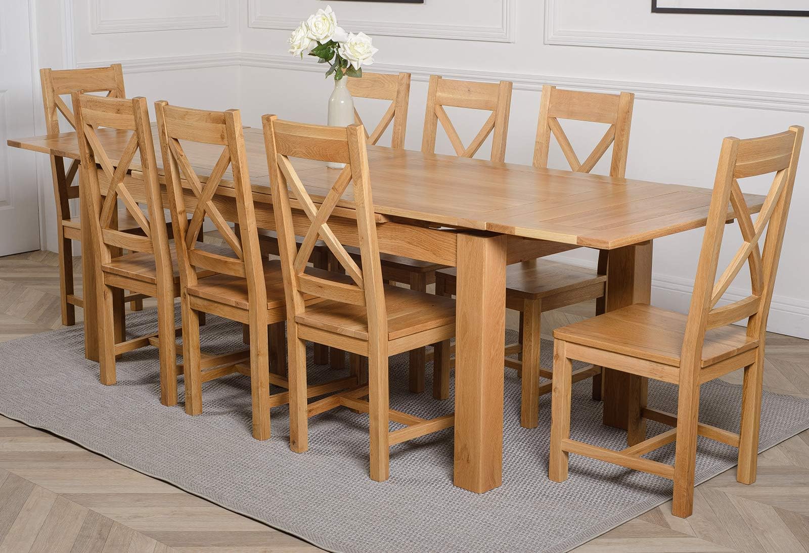 Oak Furniture King Solid Oak Extending Dining Table & Chairs Set 8 Seater Kitchen Dining Set – Richmond 200-280 cm Extendable Table with Berkeley Oak Chairs, Wooden Furniture