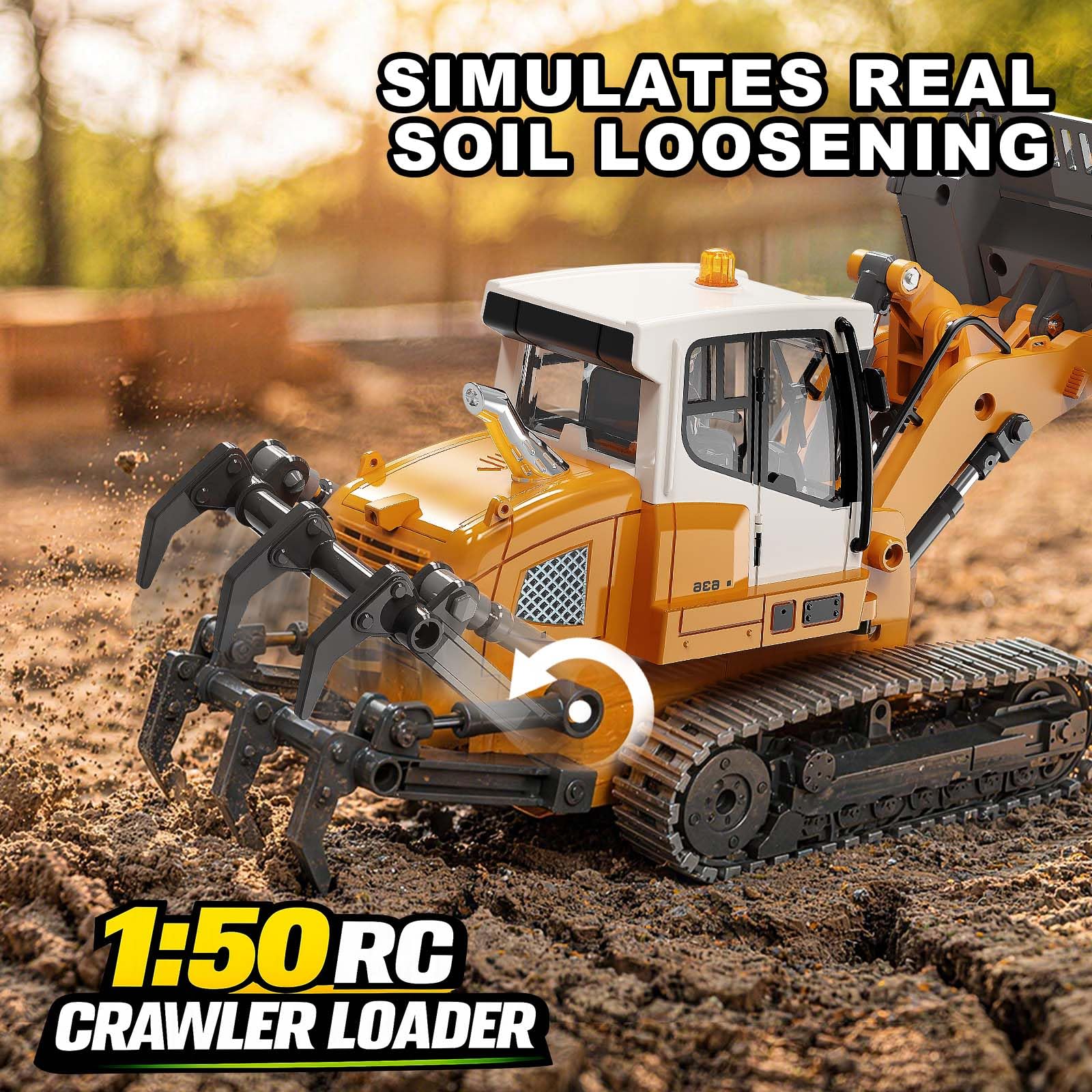 Bulldozer Teledirigido Profesional Mini 1:50 para Arena y Arenero, Cargadora RC de Orugas con Pala Metálica, Cadenas Metálicas, Mando LCD 2,4 GHz, Luces y Sonido, 2 Baterías