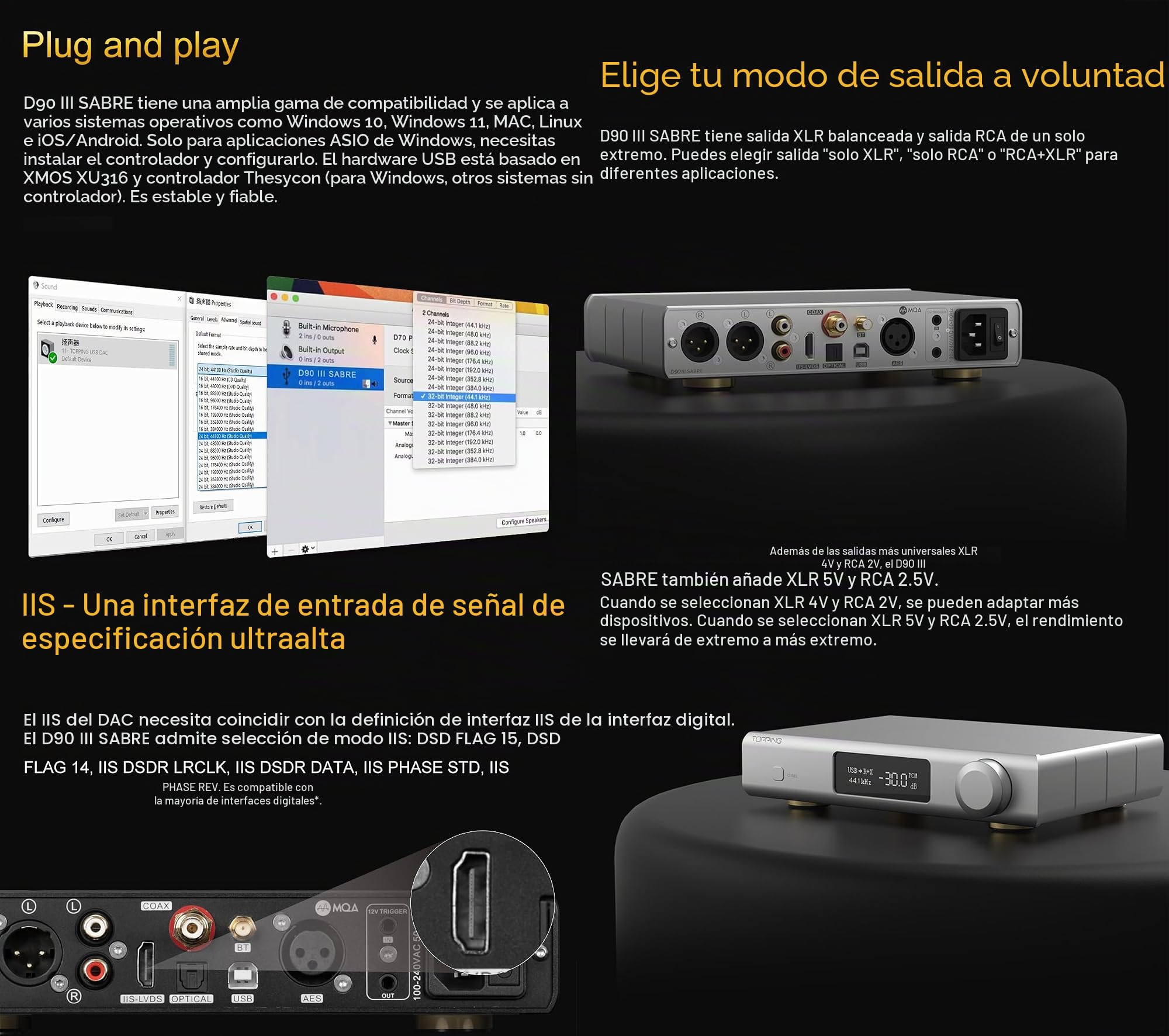 KGUSS Topping D90 III Sabre MQA Full Balance HiFi DAC Bluetooth 5.1 ES9039SPROx2 DSD512 PCM32bit/768kHz USB/Coax/Opt/AES/IIS Preamplificador de audio de escritorio (negro)