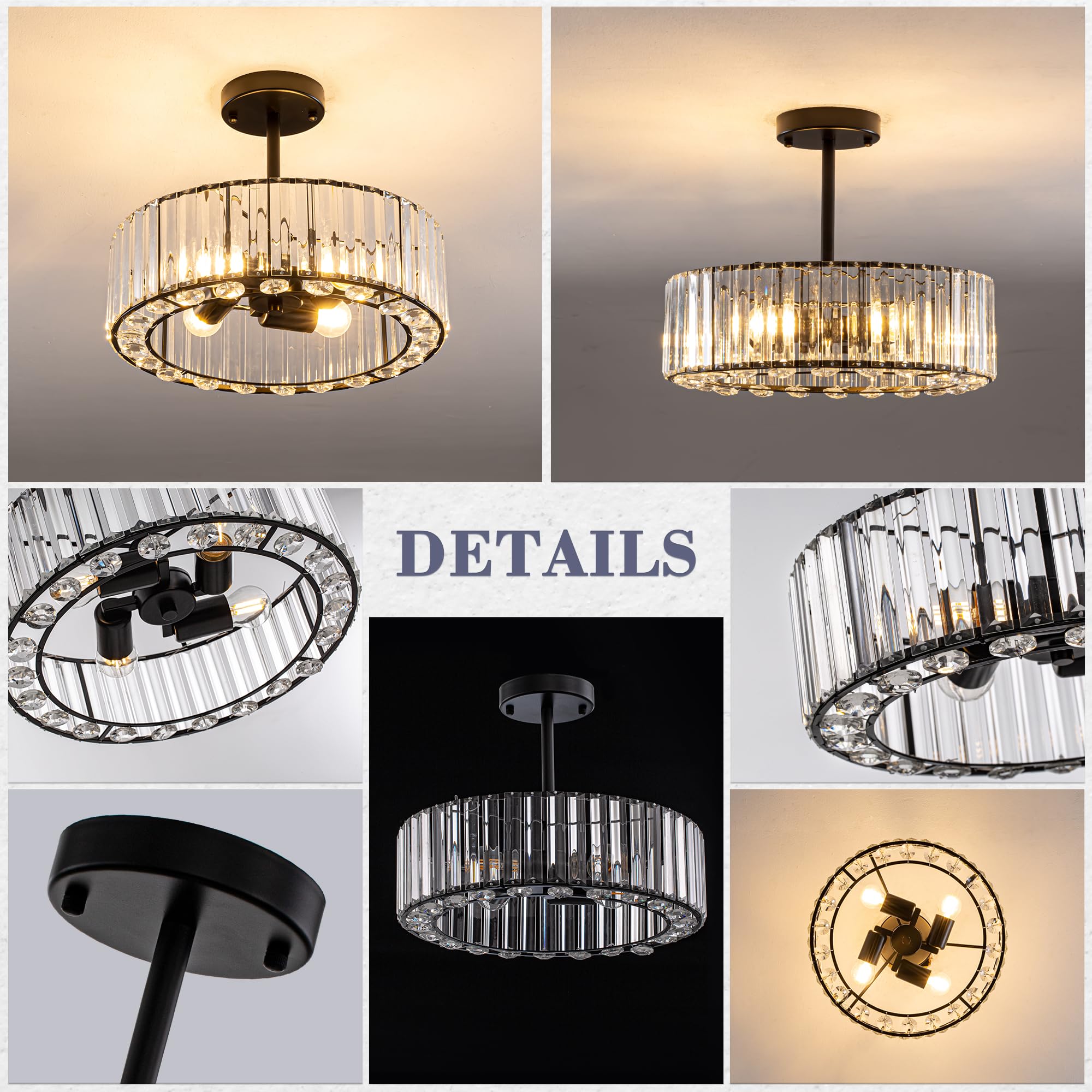 4 Lights Modern Crystal Chandelier, Black Semi Flush Mount Ceiling Light Fixture Crystal Ceiling Light for Living Room Dinning Room Kitchen Bedroom