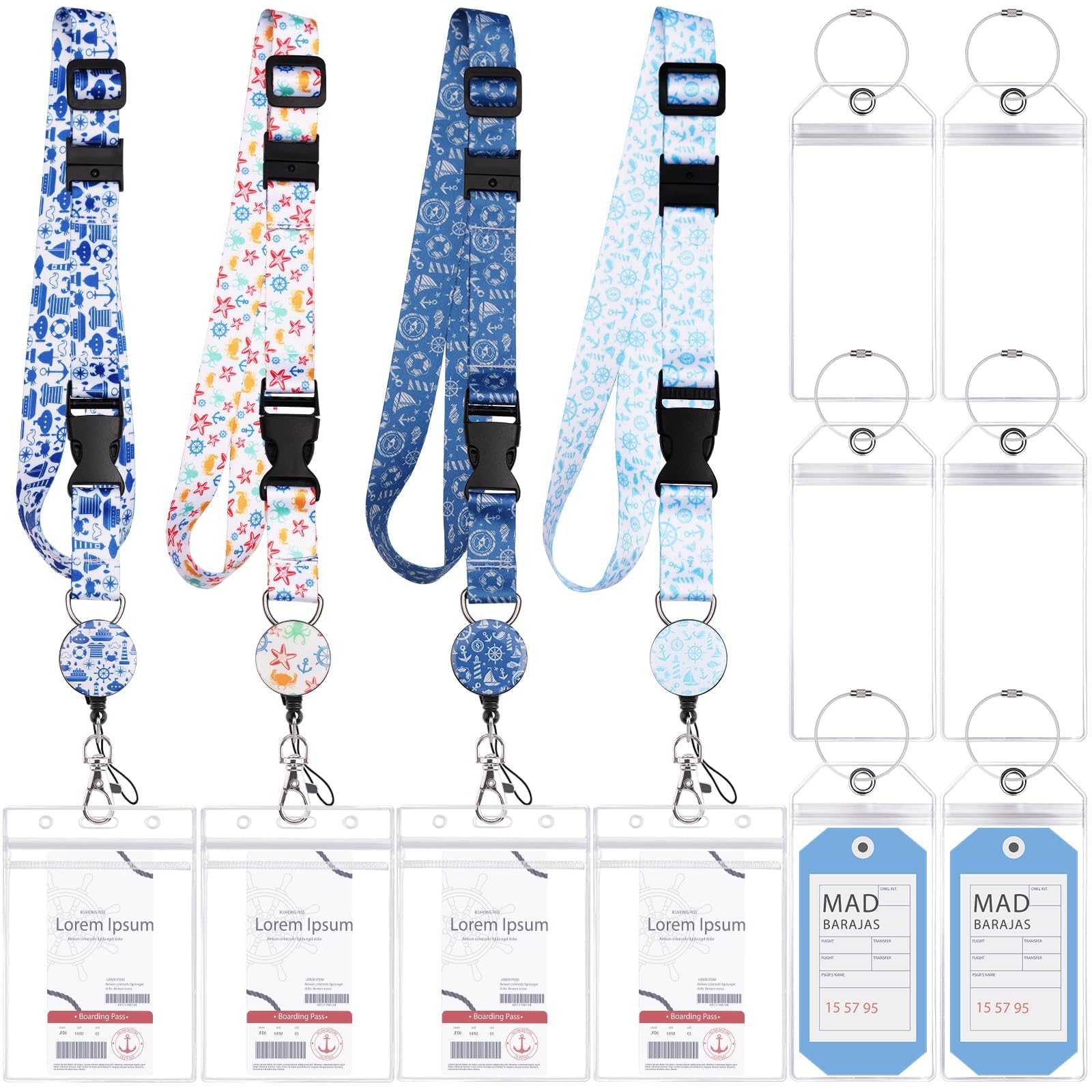 Cruise Lanyard for Ship Cards, 4Sets Cruise Lanyards Adjustable with Id Card Holders Plus 6 Luggage Tags, Carnival Essentials Waterproof Key Card Badge Holders with Retractable Reel Safety Breakaway