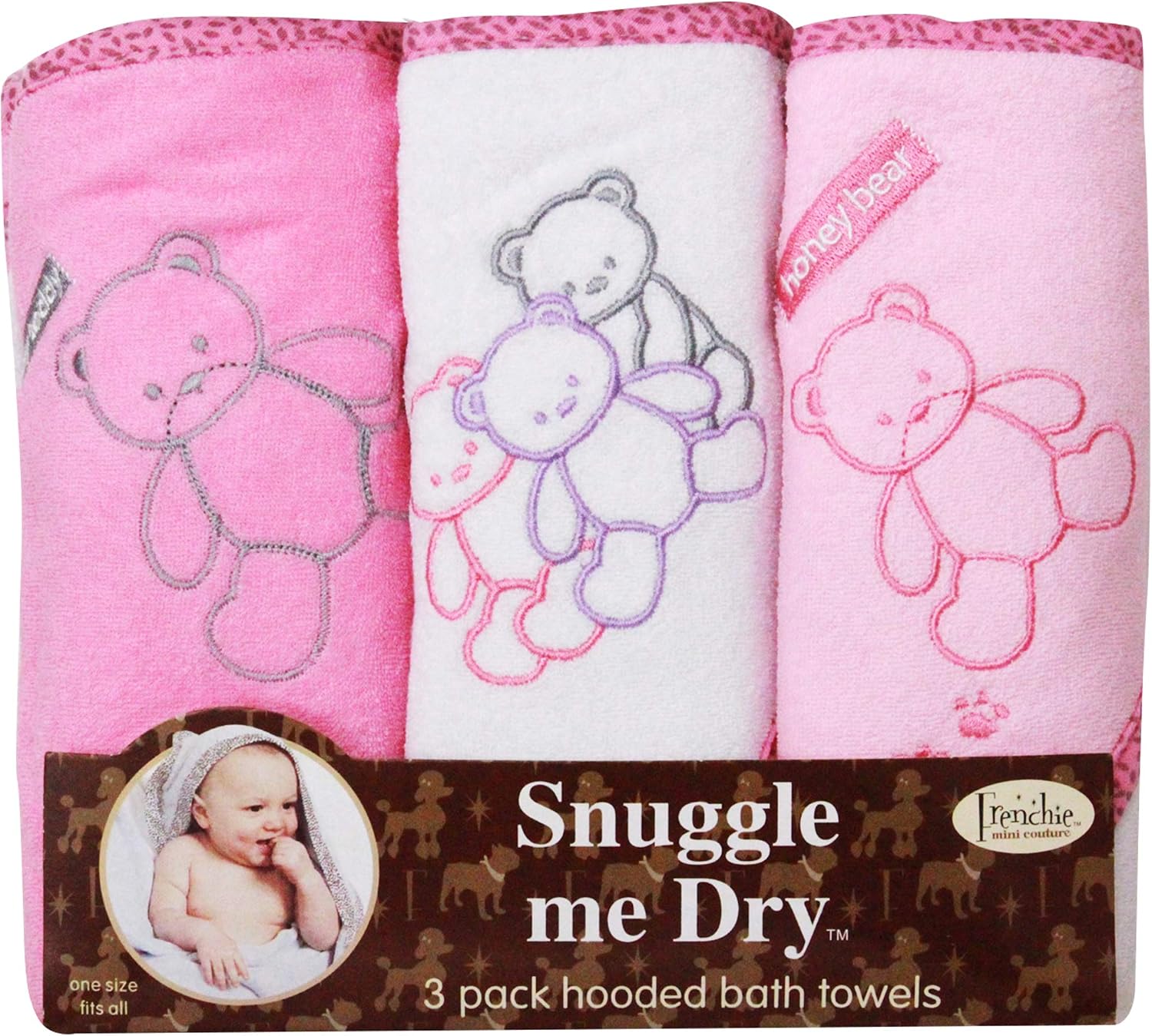 Frenchie Mini Couture, Hooded Bath Towels for Babies, 80% Cotton/20% Polyester, Bear Hooded Towel Set, Girl, Pack of 3