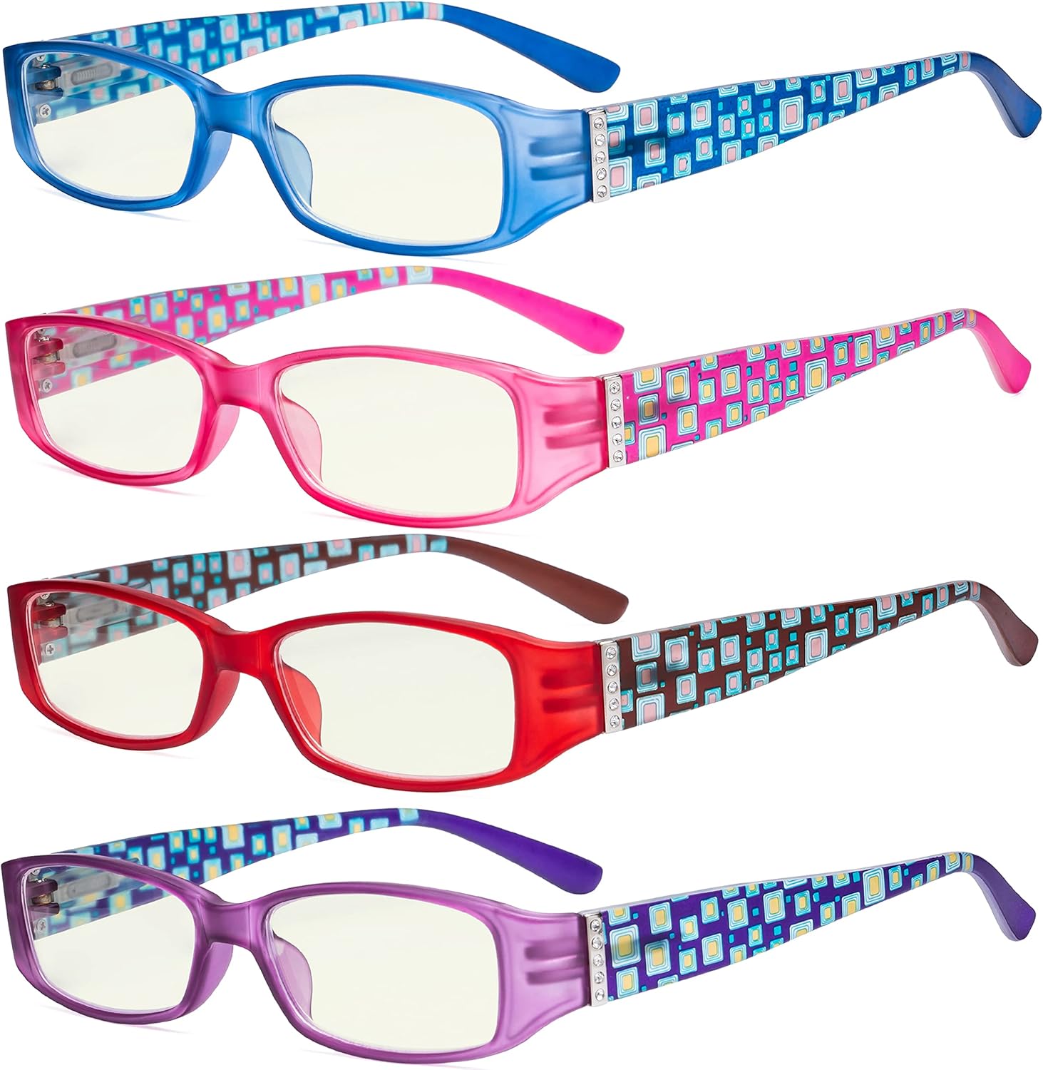 Eyekepper 4 Pack Blue Light Filter Readers with Pattern Arms and Crystals Computer Reading Glasses +0.75