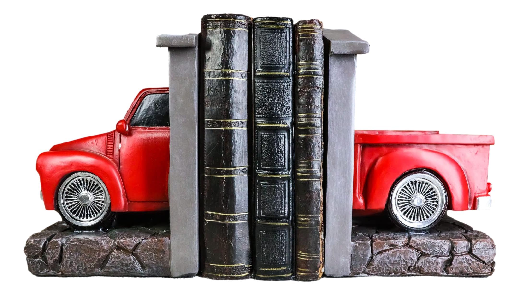 Ebros Gift Classic Book Parking Country Rustic Old Fashioned Vintage Red Pickup Truck in Garage Workshop Decorative Bookends Figurine Set Stylish Desk Shelf Library Office Study Room Accent