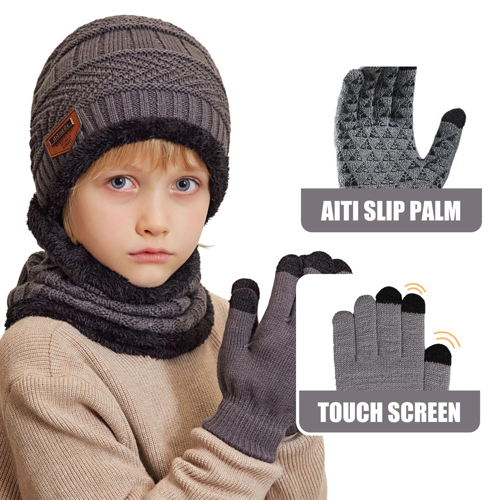 Gorro Invierno Niños Niñas Conjunto de Gorro Bufanda y Guantes Niño, Cálido Gorro de Punto Bufanda con Forro Polar Guantes con Pantalla Táctil para Niño Niña de 5 a 10 Años
