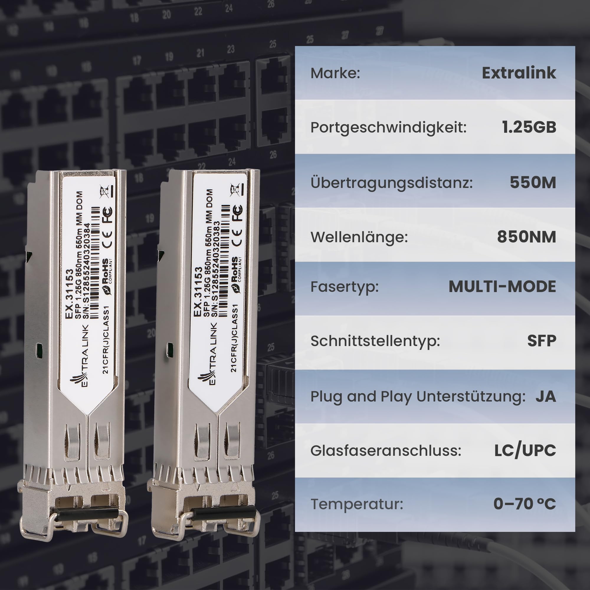 Extralink SFP Modul 1.25G LC Duplex Multimode 850 nm 550 m MSA-kompatibel – Für Cisco, Ubiquiti UniFi, Netgear, Cisco, MikroTik, TP-LINK, Switches, Router, CCTV, Rechenzentren, Glasfaser, OM3/OM4