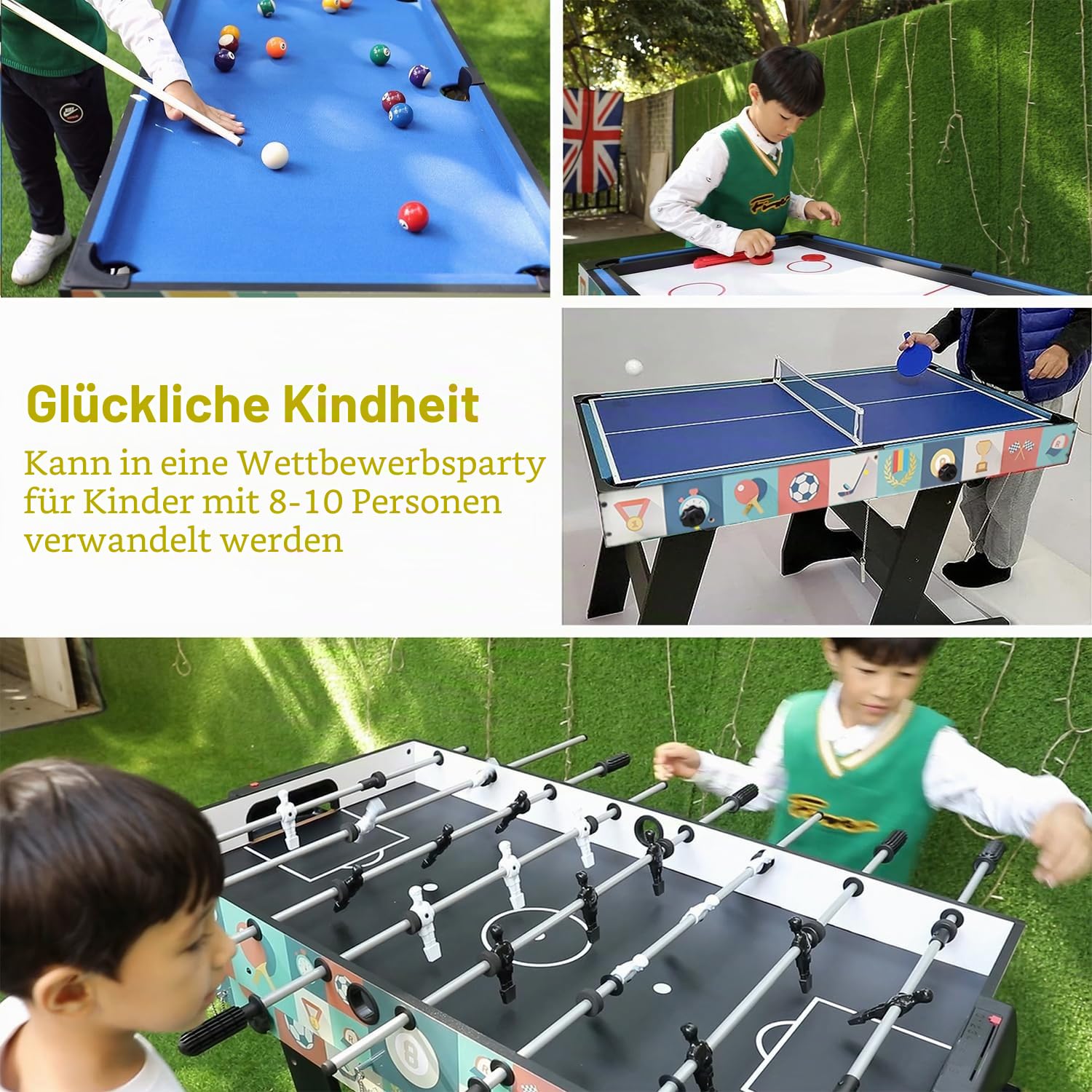 HLC Tischkicker 4-In-1 Kickertisch klappbar Spieltisch Kombt-Tisch für Poolbillard/Air Hockey/Tischtennis/Tisch-Fußball mit Zubehör.Geschenk für Kinder.
