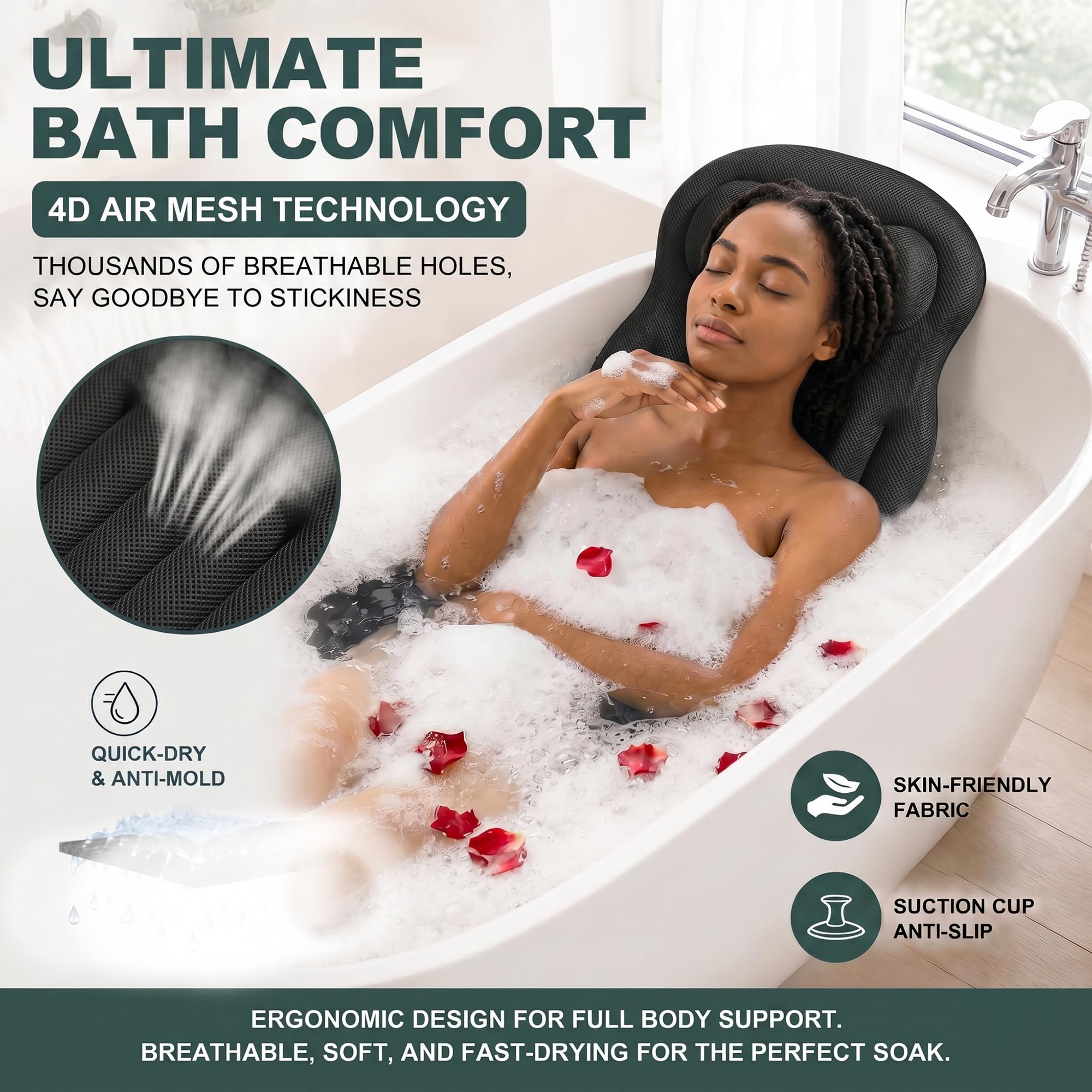 Ganzkörper Badewannenkissen 4D Air-Mesh, Extra Dickes Badekissen mit Bequemer Kopfstütze, Hautfreundlich, rutschfest, Schnell Trocknend, Atmungsaktiv, Luxuriöses Spa Erlebnis für Badewanne
