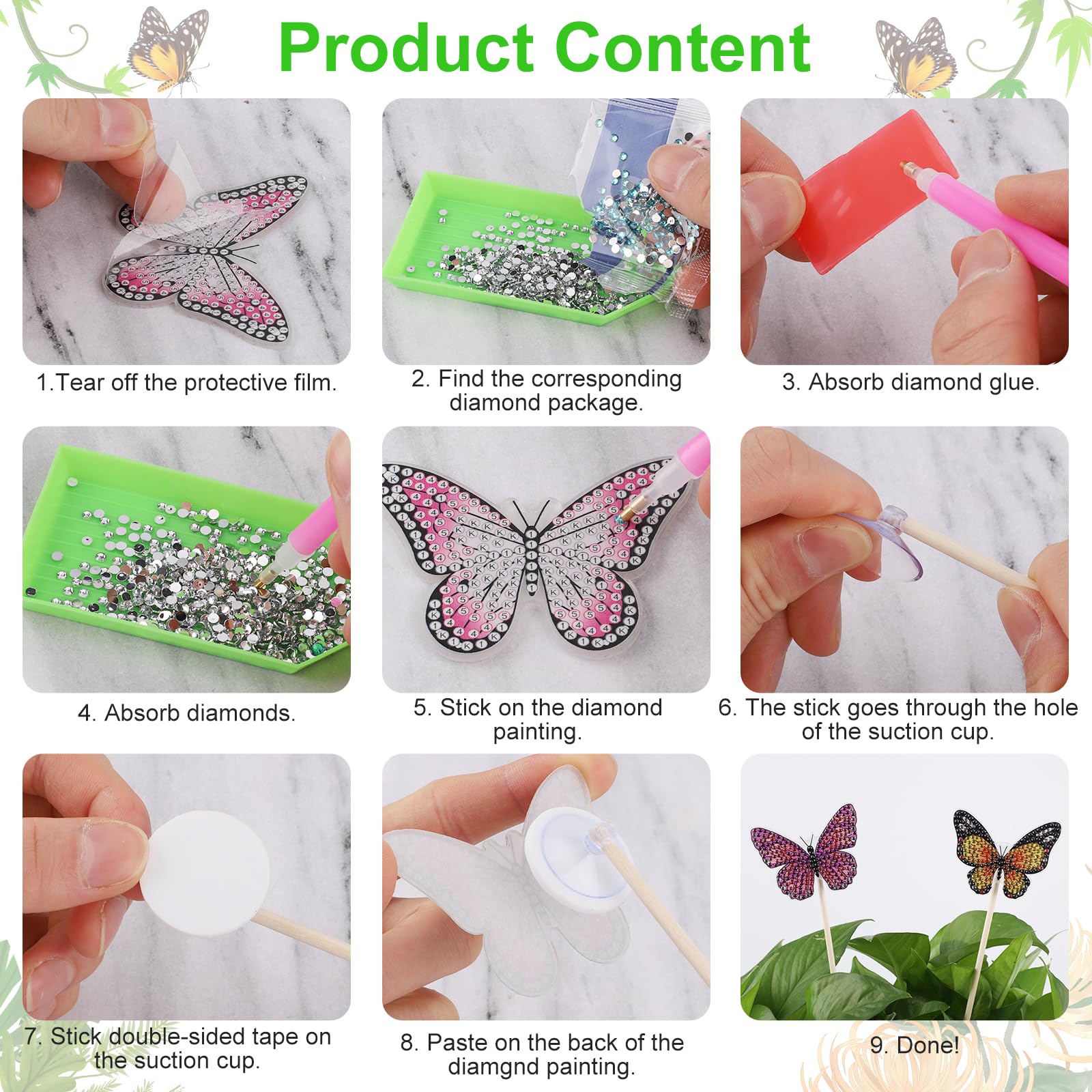 Otueidnsy Kit De Peinture Diamant 8 Pièces Pour Décoration De Jardin, Piquets Papillon, Art Diamant, Papillons Pour Travaux Manuels