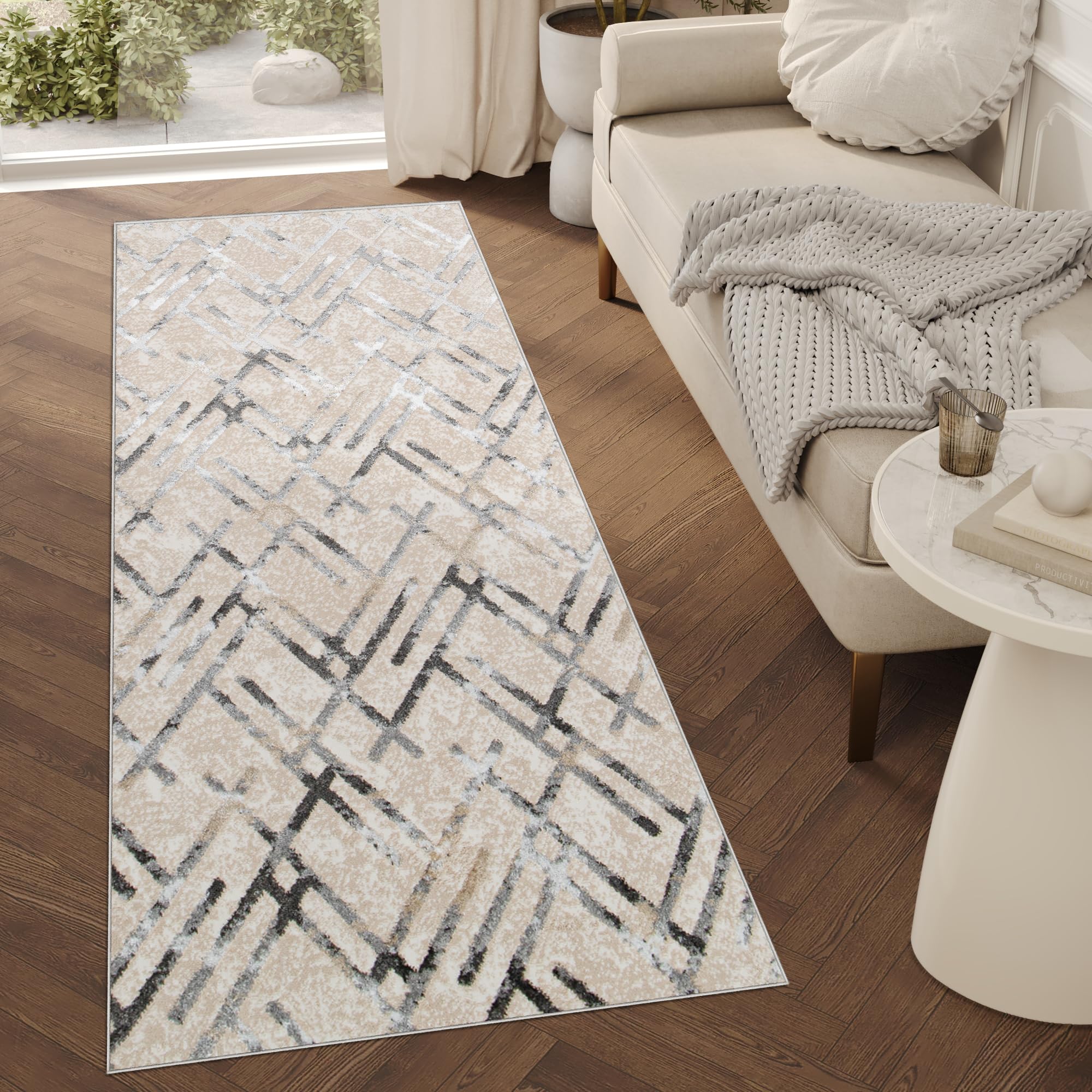 TAPISO Crystal Teppich Läufer Glänzend Grau Beige Schwarz Modern Gitter Verwischt Muster Wohnzimmer Schlafzimmer Flur Eingang ÖKO-TEX 100 x 130 cm