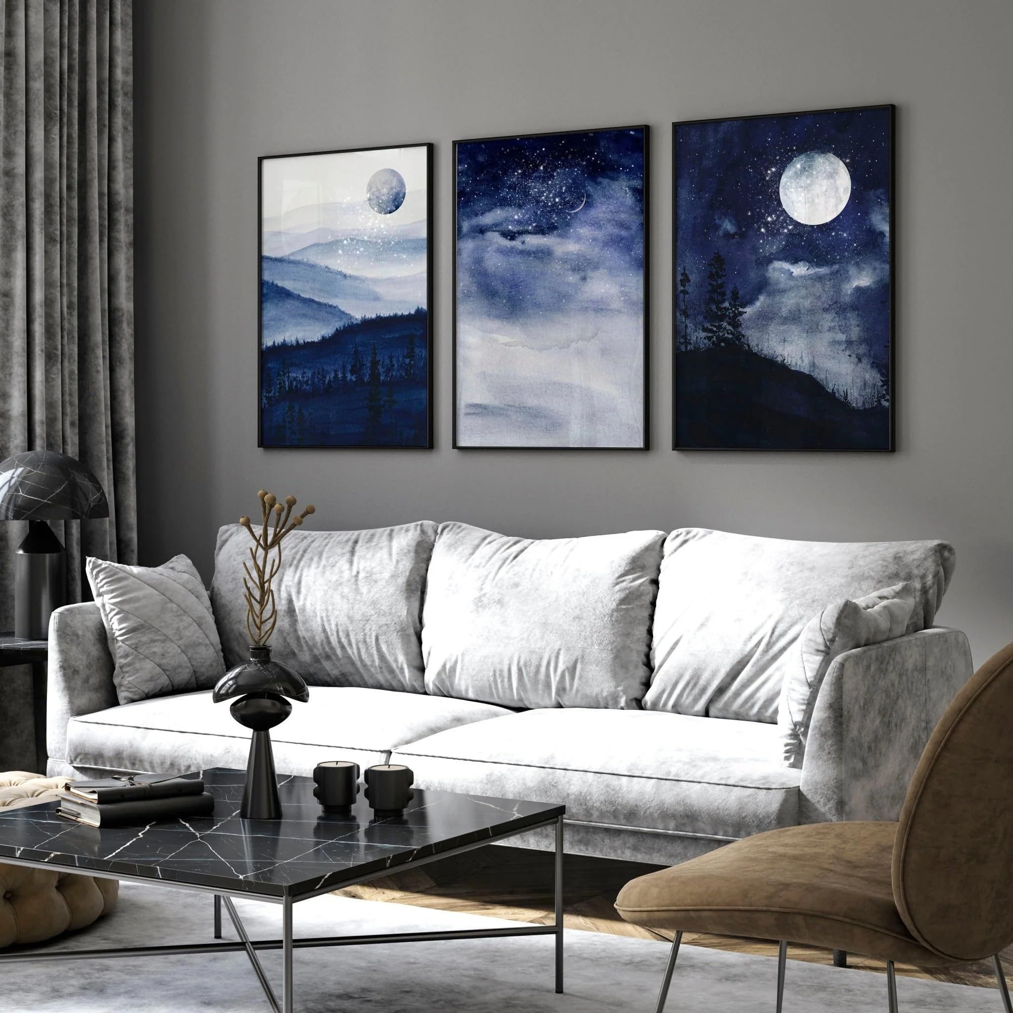 Night Sky - Juego de 3 cuadros de pared grandes con marcos, cuadros de pared enmarcados, enormes colgantes de pared para sala de estar, A4, A3, A2, marco negro de 50 x 76 cm
