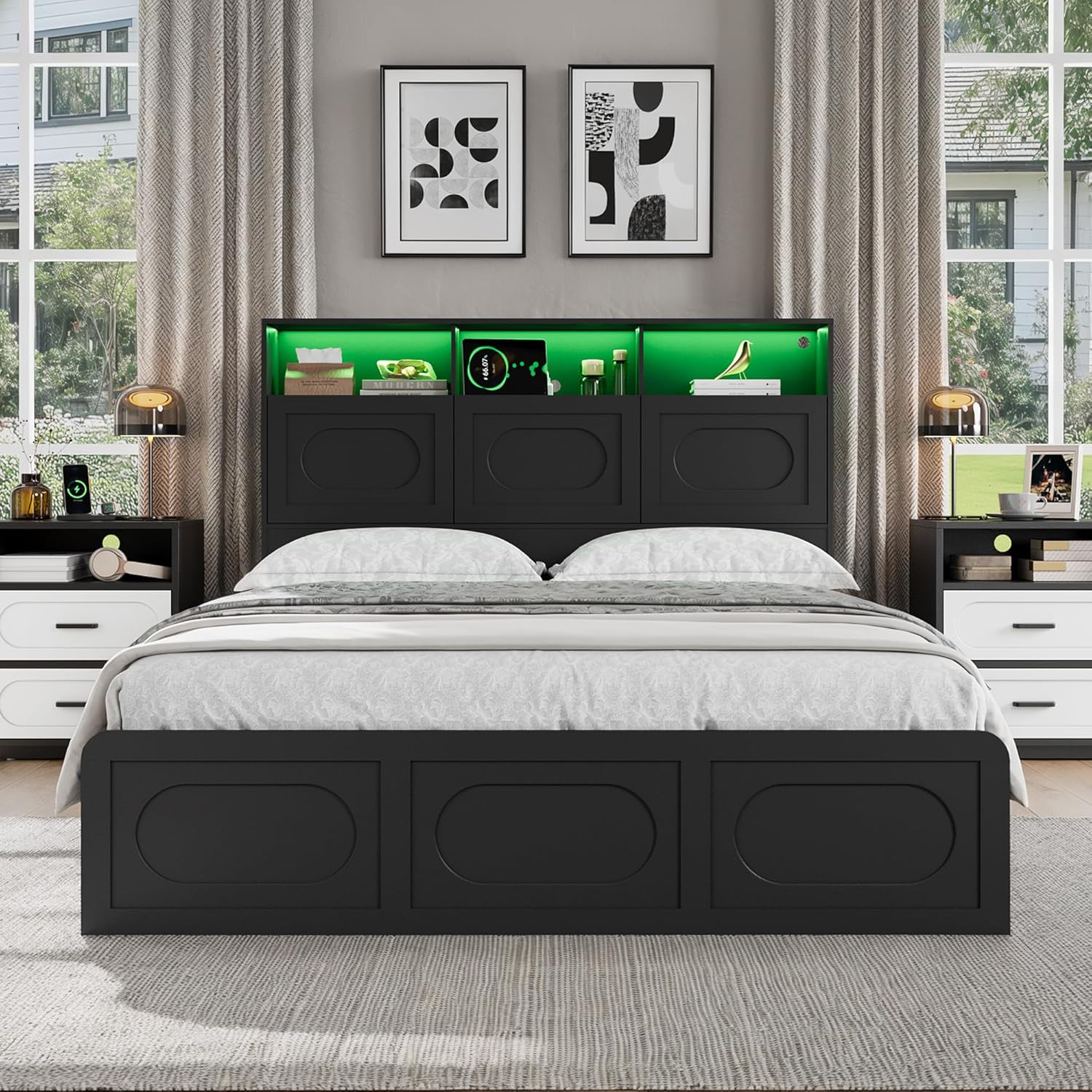 Queen Bed Frame with 48" Storage Headboard, Queen Size Wood Bed Frame with 4 Storage Drawers, Built-in Charging Station & LED Lights, Solid Wood Slats, Noiseless, No Box Spring Needed, Black