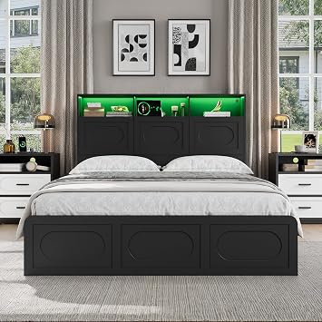 YANSNWO Queen Bed Frame with 48" Storage Headboard, Queen Size Wood Bed Frame with 4 Storage Drawers, Built-in Charging Station & LED Lights, Solid Wood Slats, Noiseless, No Box Spring Needed, Black