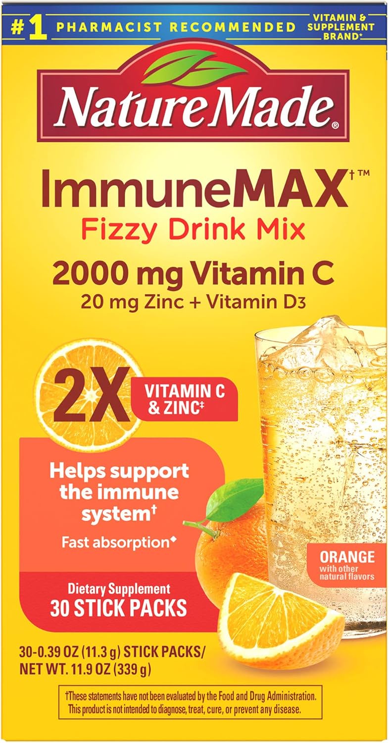 Nature Made ImmuneMAX Fizzy Drink Mix, with Vitamin C, Vitamin D, and Zinc Supplement for Immune Support, Fast Absorption, 30 Stick Packs : Everything Else