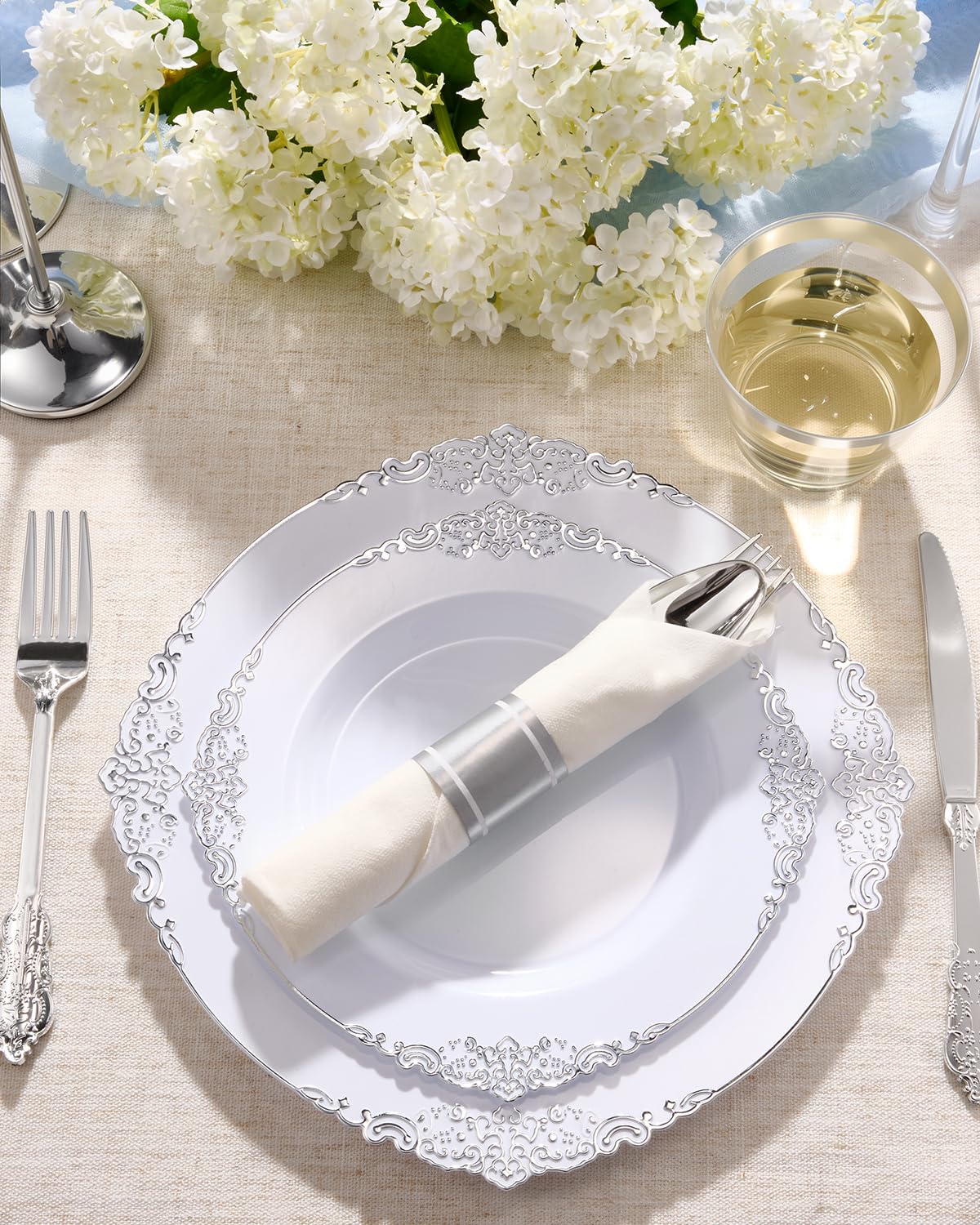 350 Piece White & Silver Dinnerware Set - 50 Guests -3
