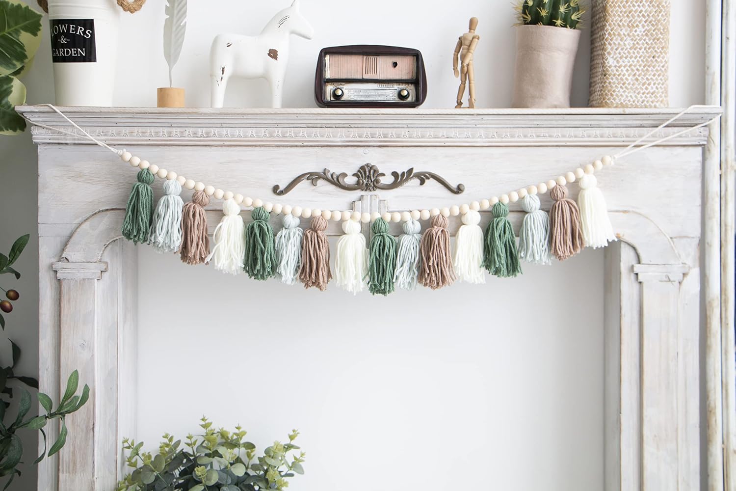 Tassel Garland - Boho Tassel Garland with Wood Beads - Wall Decor for Dorm, Girls Room and Nursery Room - Olive Green (43 inch)
