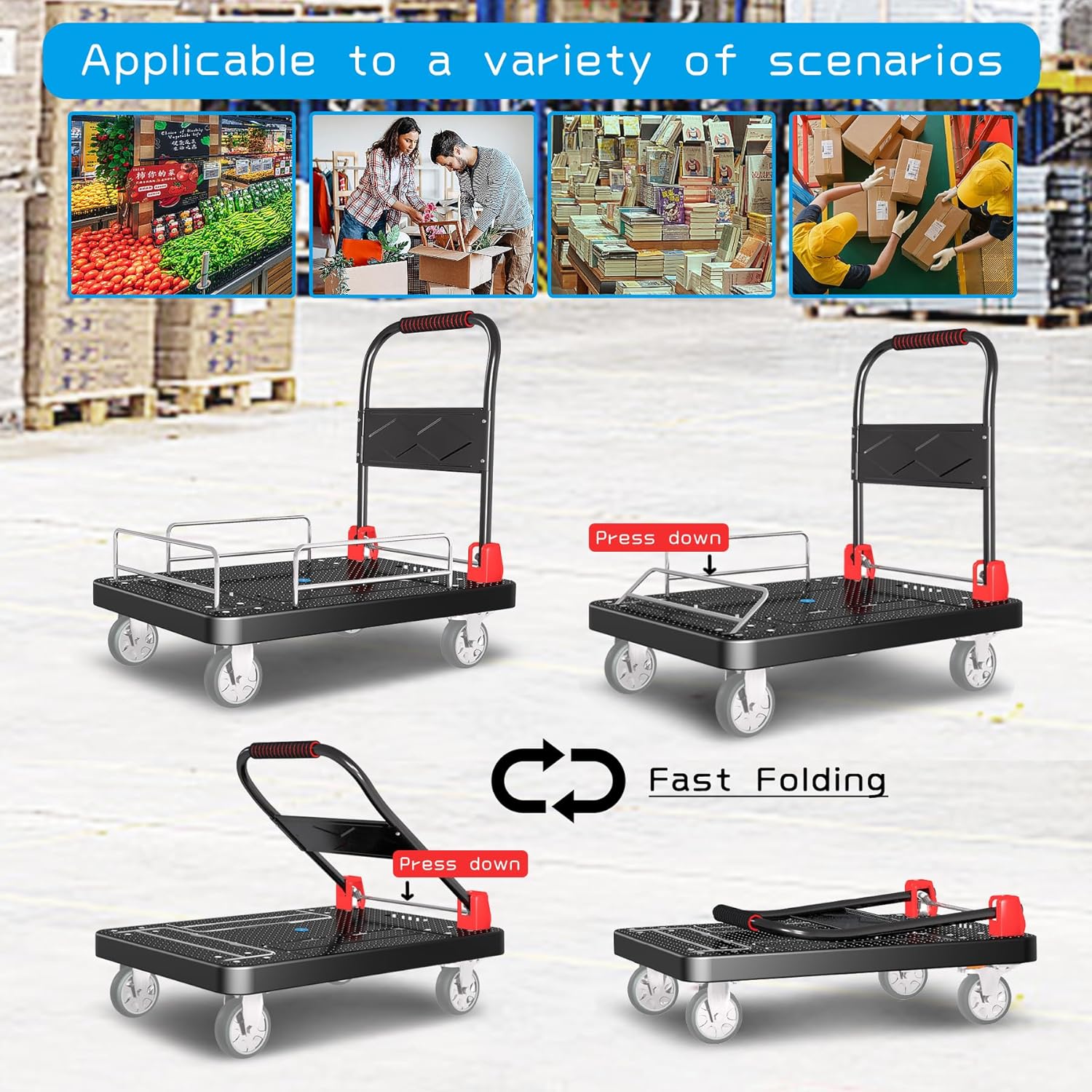 Platform Trucks Flatbed Cart Heavy Duty with Brake Wheels & Fence Foldable Hand Cart 1300lbs Capacity 36"x24" Moving Dolly for Furniture/Office/Groceries/Garage, Black