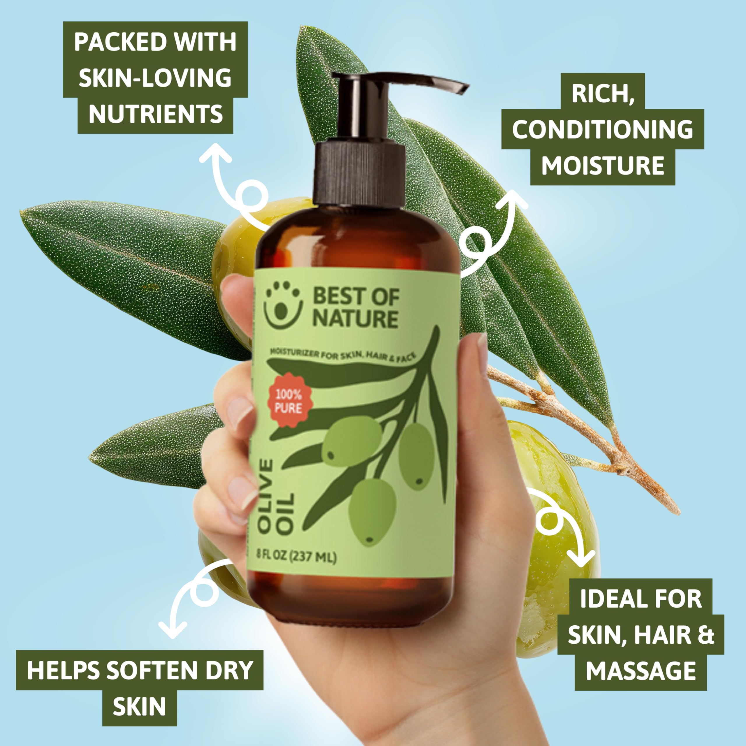 Olej z oliwek – 227 g – 100% czysty i naturalny – do ciała i włosów.