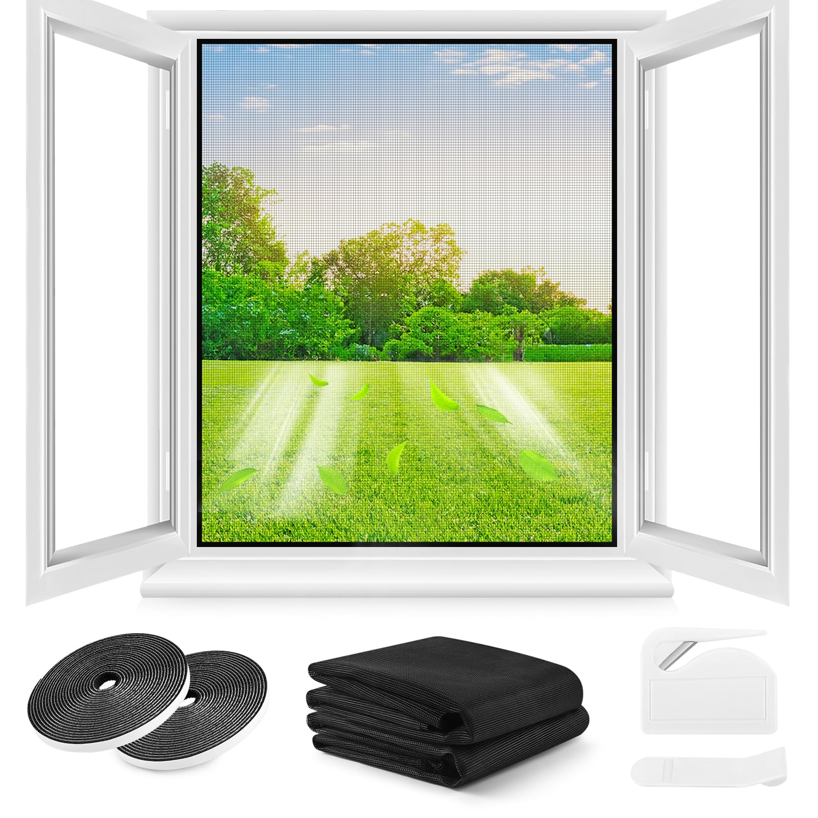 Fliegengitter Fenster ohne Bohren,DIY 130x150cm,2 Stück, Verdicktes Netz,Insektenschutz Fenster mit Klettband+Zuschneider+Presshilfe,Schwarz