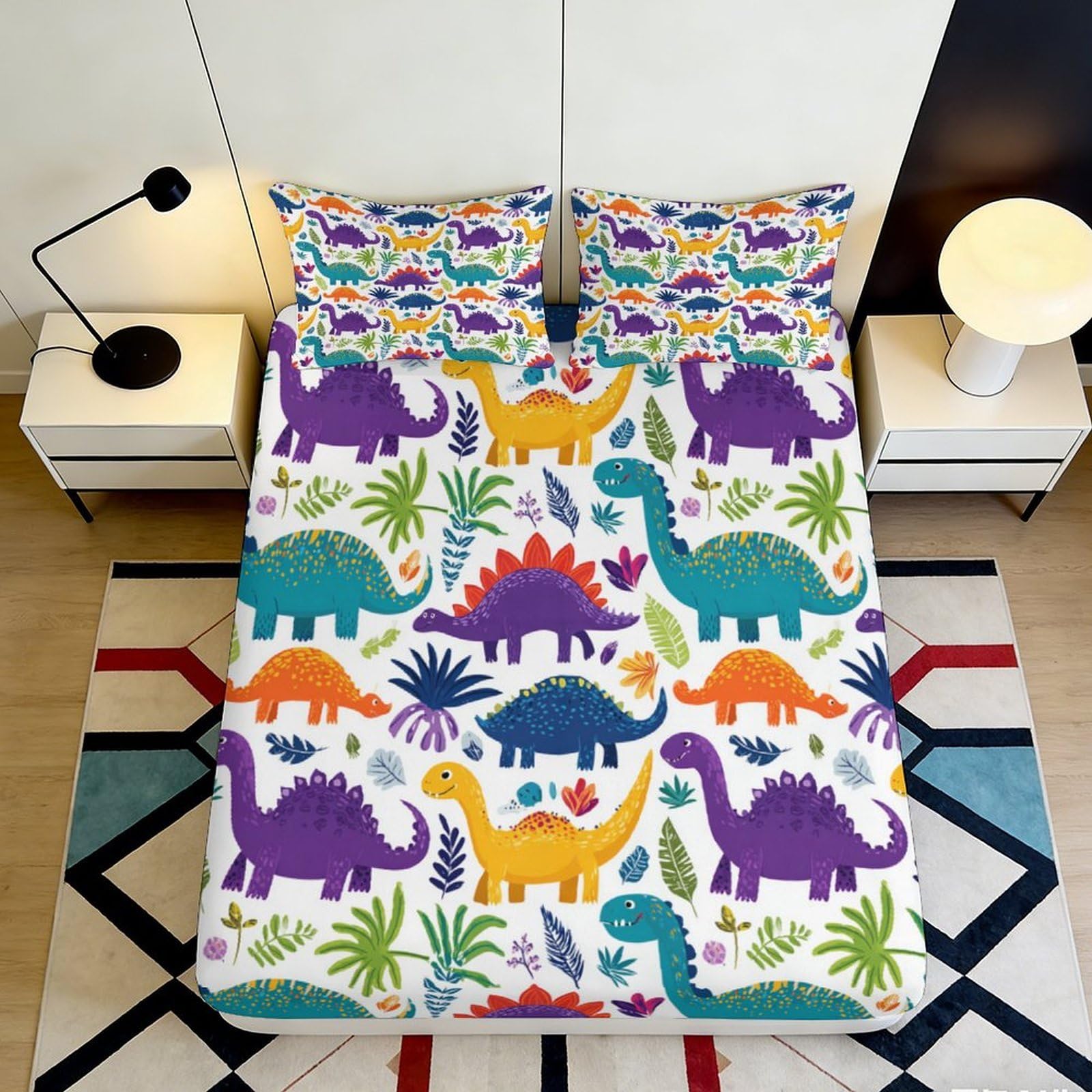 3D Printed Colourful Dinosaur Fitted Sheet Microfiber Soft Bed Sheet for Bedroom Guest Room Dorm Mattress Decor Protection 90x200x25cm