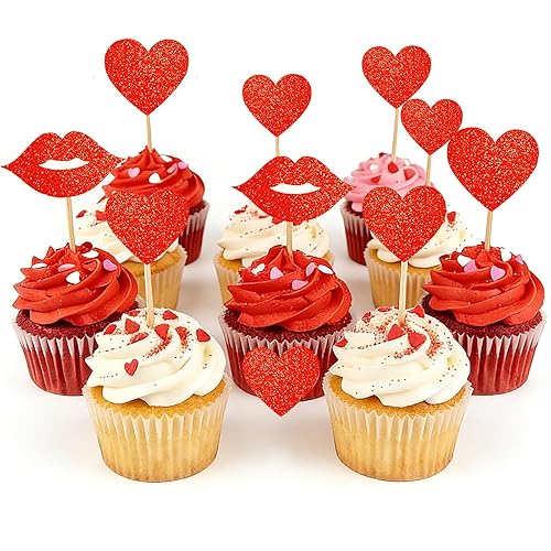 40Pcs Valentines Cupcake Toppers Red Heart & Lips Glitter Love