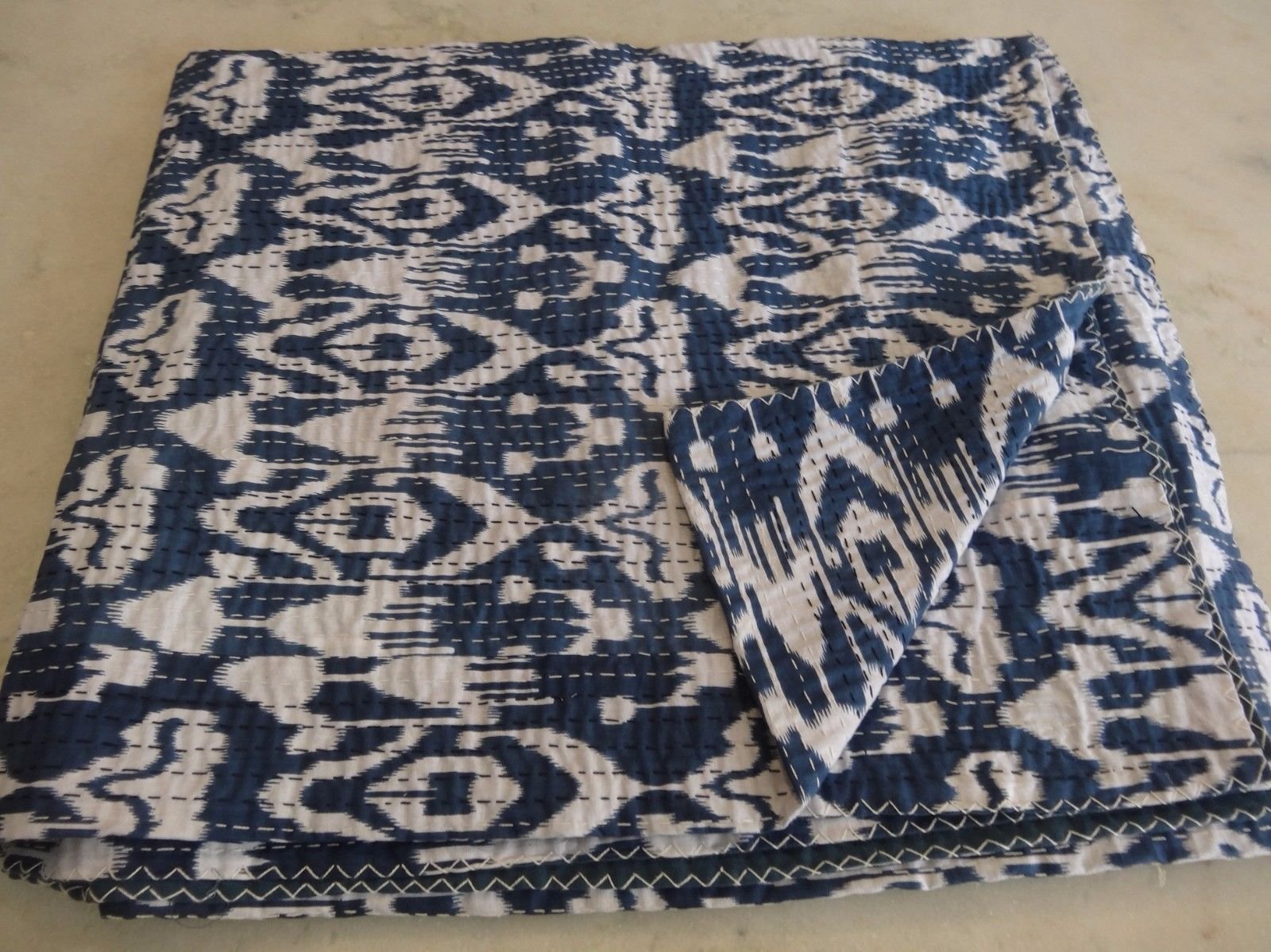 Traditional Handmade Kantha Quilt Indian Ikat Print Vintage Bedding Sofa Cover Reversible Cotton Bedspread Decor Art (Blue, King 90