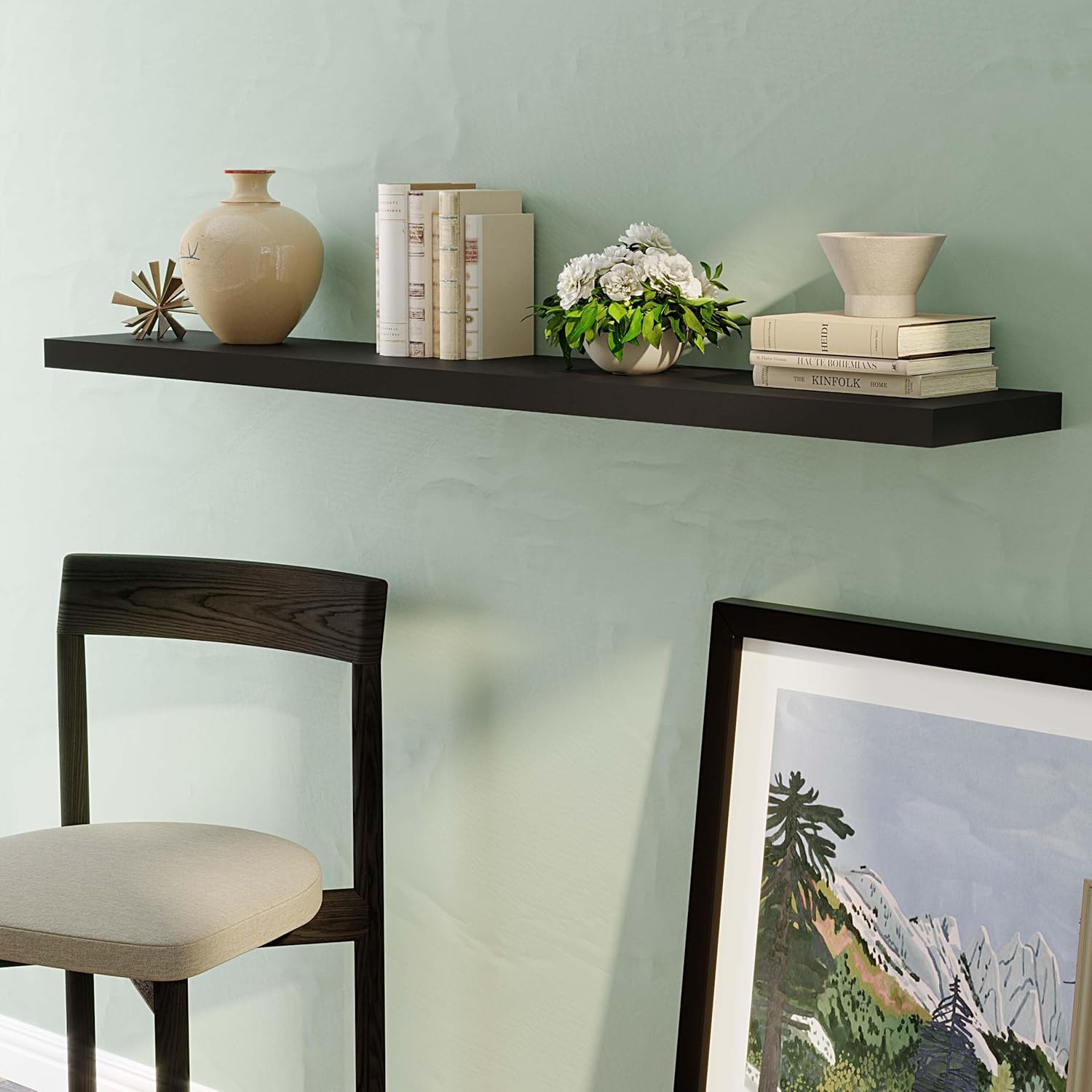 Wallniture Ronda 72 inch Long Wall Floating Shelf, Black Wall Mounted Book Shelves for Kitchen, Bedroom and Living Room, Wood