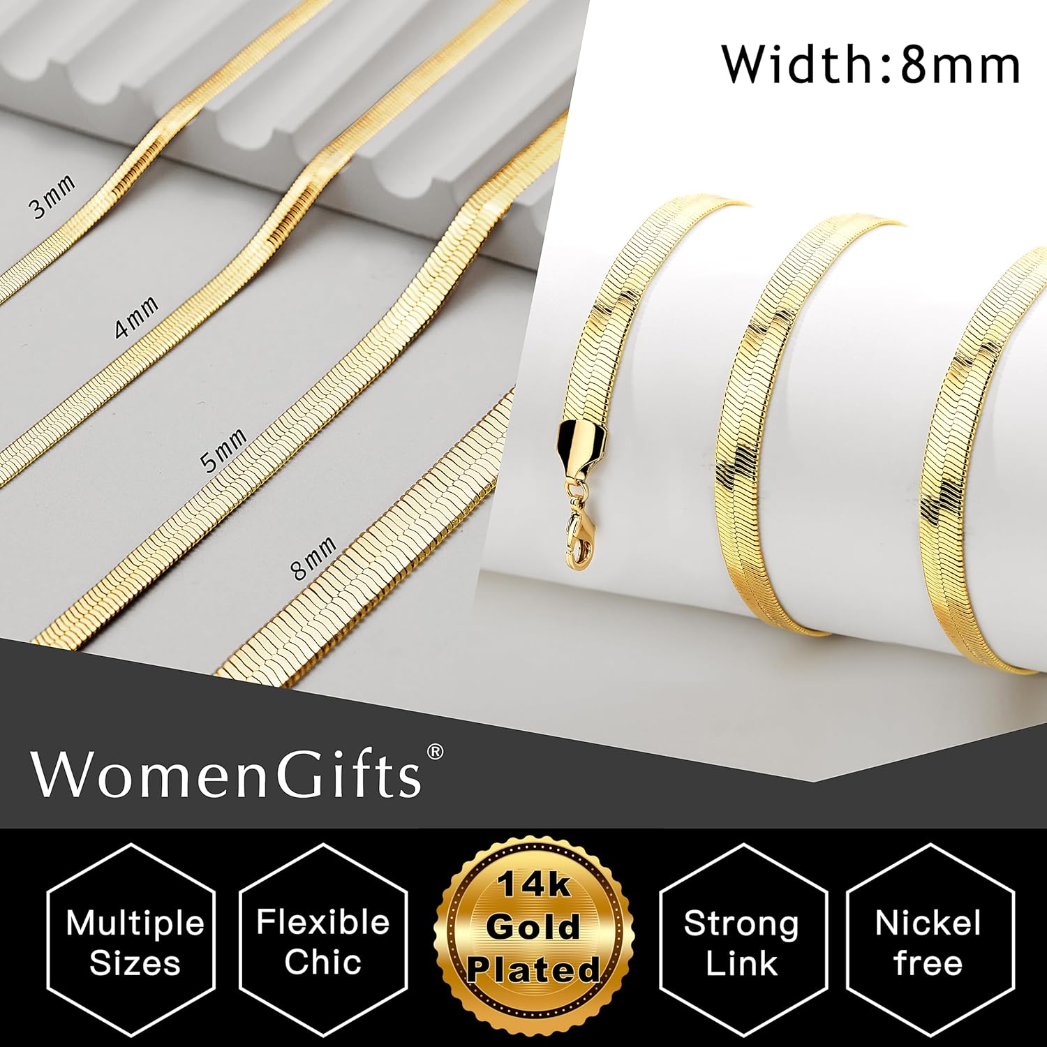 WomenGifts 14K Gold Silver Plated Herringbone Necklace for Women, Dainty Snake Chain Choker, Trendy Simple Long Layered Jewelry Non Tarnish, 3/4/5/8mm,14,16,18,20,22,24,26 Inch Thin & Chunky Options - Image 7