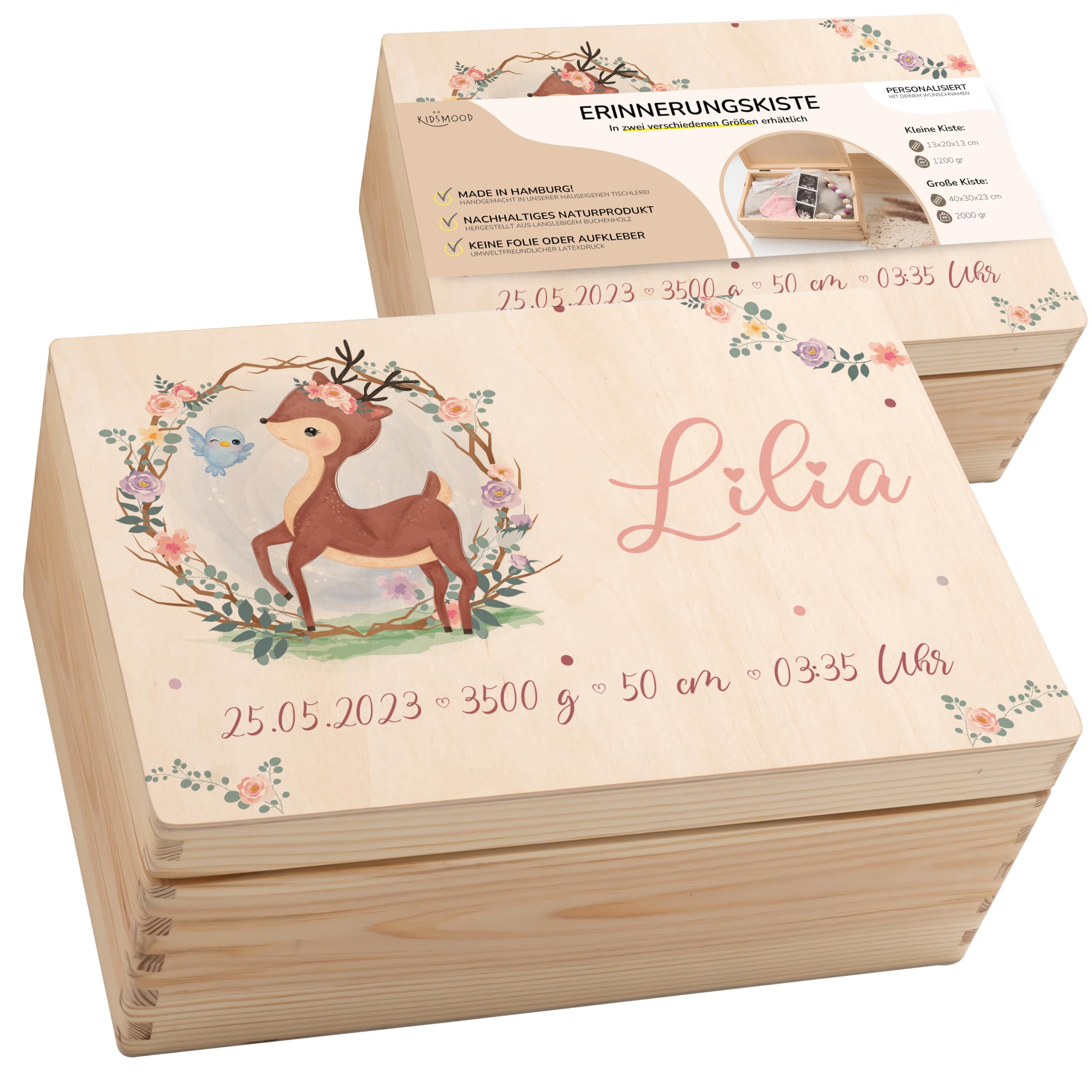 KIDSMOOD - Erinnerungsbox Baby, personalisierte Holzkiste mit Deckel, Ideal zur Aufbewahrung von Erinnerungen und als Geschenk zur Geburt, Taufe oder als Geburtstagsgeschenk für Mädchen und Jungen