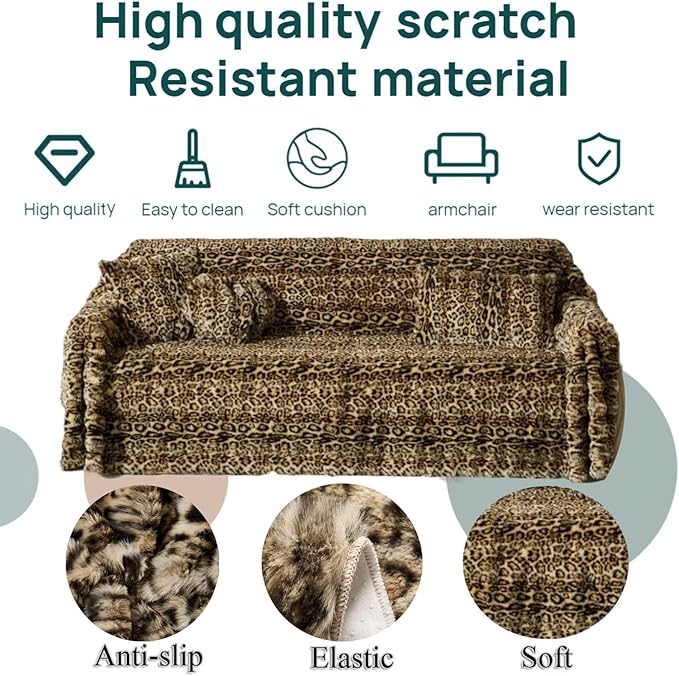 3D Bubble Mat Faux Fur Couch Cover,Thick Faux Rabbit Fur Couch Cover,L Shaped Sofa Slipcovers for Home Decoration and Dogs, Cats (Leopard Brown, 71" x 71")