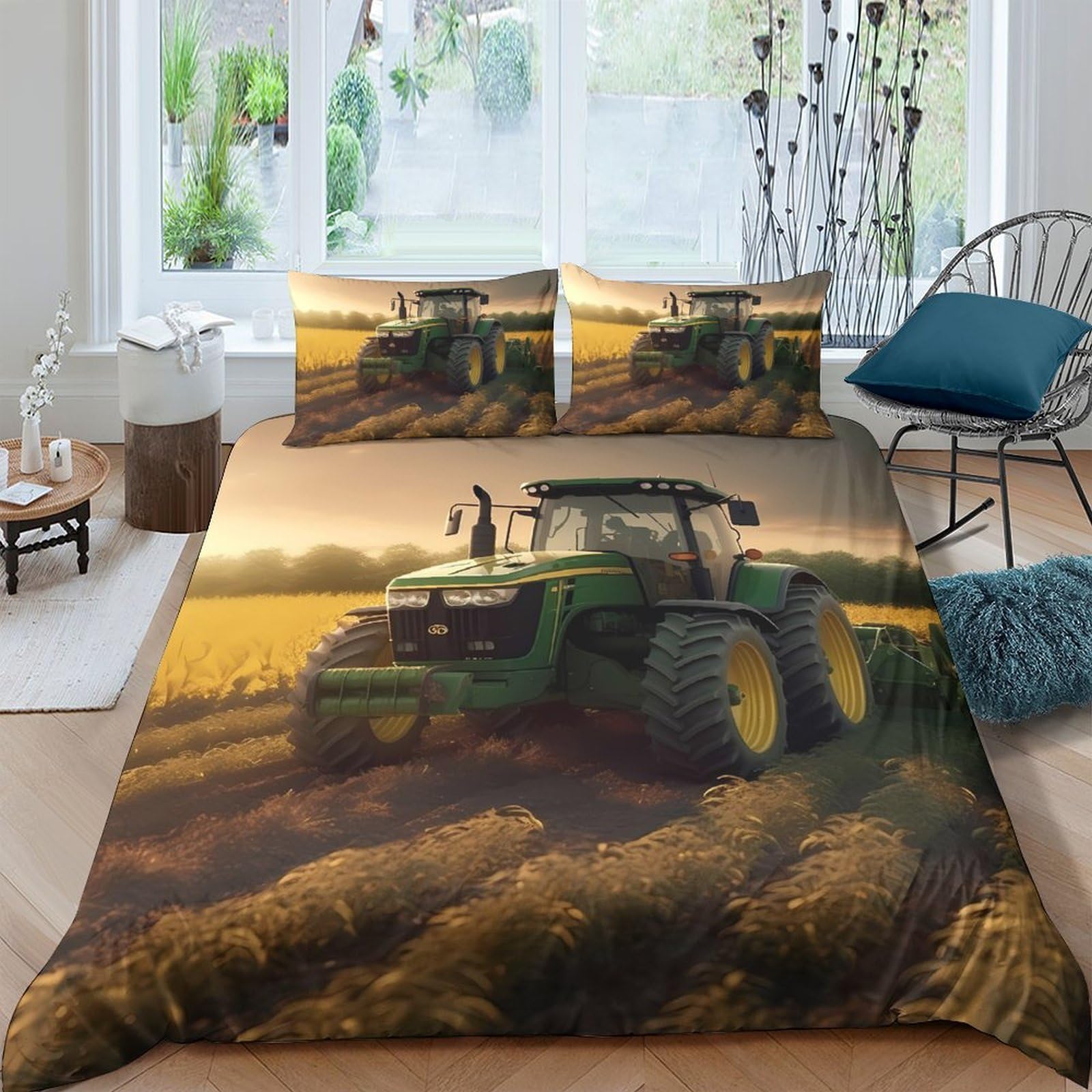 TUFRTGYHN 3D Printed Green Tractor Duvet Cover Microfiber Soft Breathable Farm Field Bedding Set with 2 Pillowcases for Bedroom Decor, Single（135x200cm）
