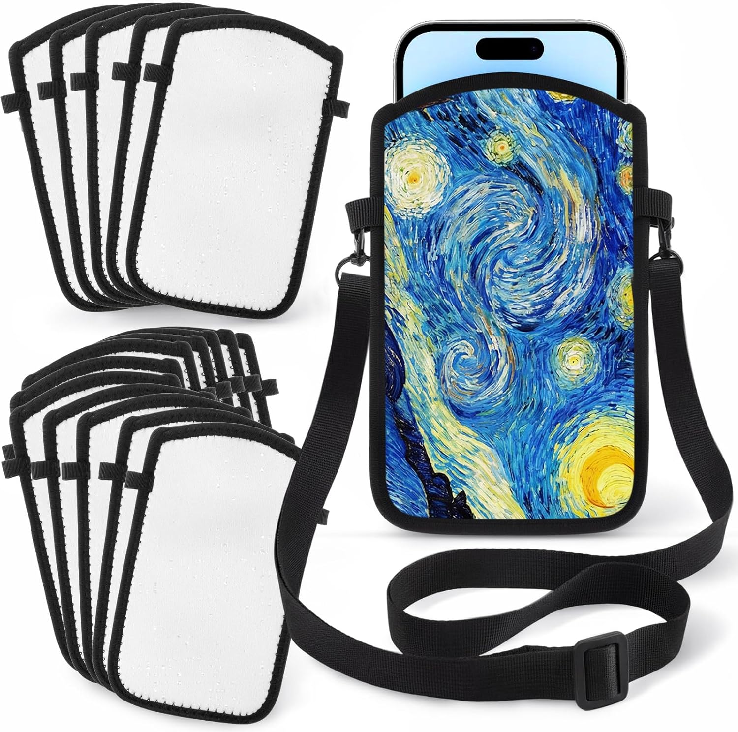 Sabary 12 Sets Sublimation Blank Phone Pouch Bag with Double Sided Adjustable Crossbody Lightweight for Travel Gym Work Walk Outdoors Gift Cell Sleeve Case for Women Men Teens White