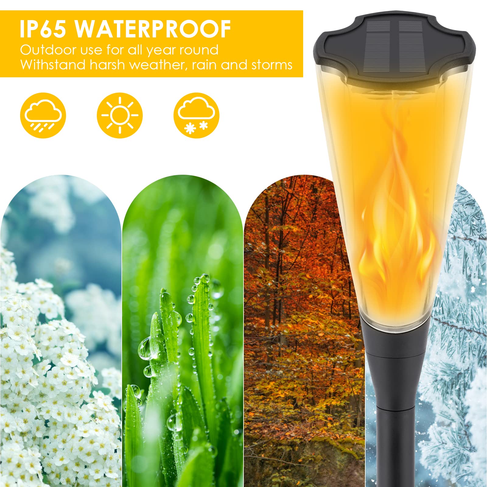 ZWOOS Lot de 4 lampes de poche solaires avec flamme vacillante, lumière toute la nuit (max. 15h), étanche IP65 pour jardin, terrasse, cour et allée