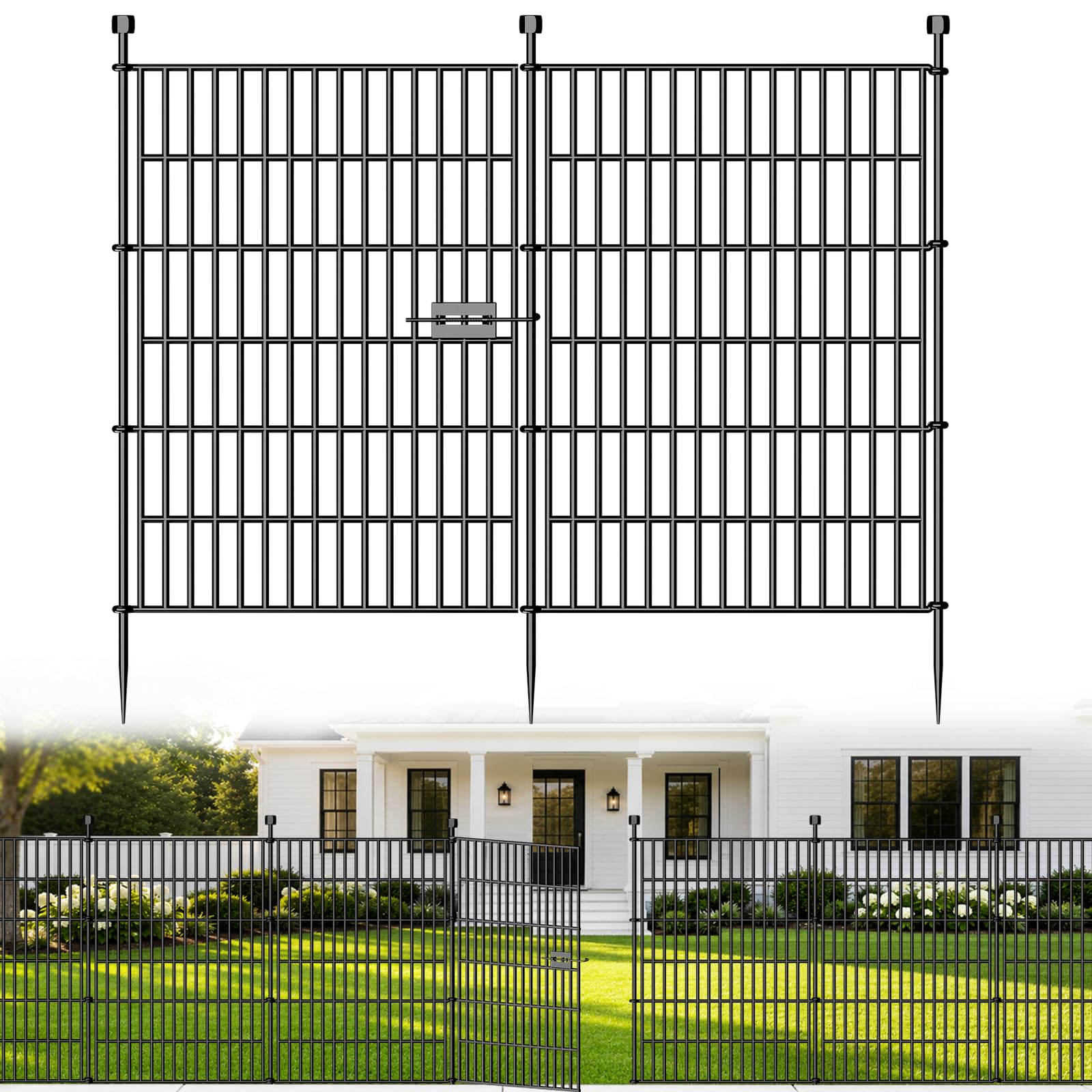 Photo 1 of 10 Panels No Dig Decorative Outdoor Garden Fence with Gate for Yard, 40 in(H) X 23.6 ft(L) Animal Barrier Fencing Rustproof Metal Wire Panel Border for Dog, Rabbits, and Patio Temporary Ground Stakes