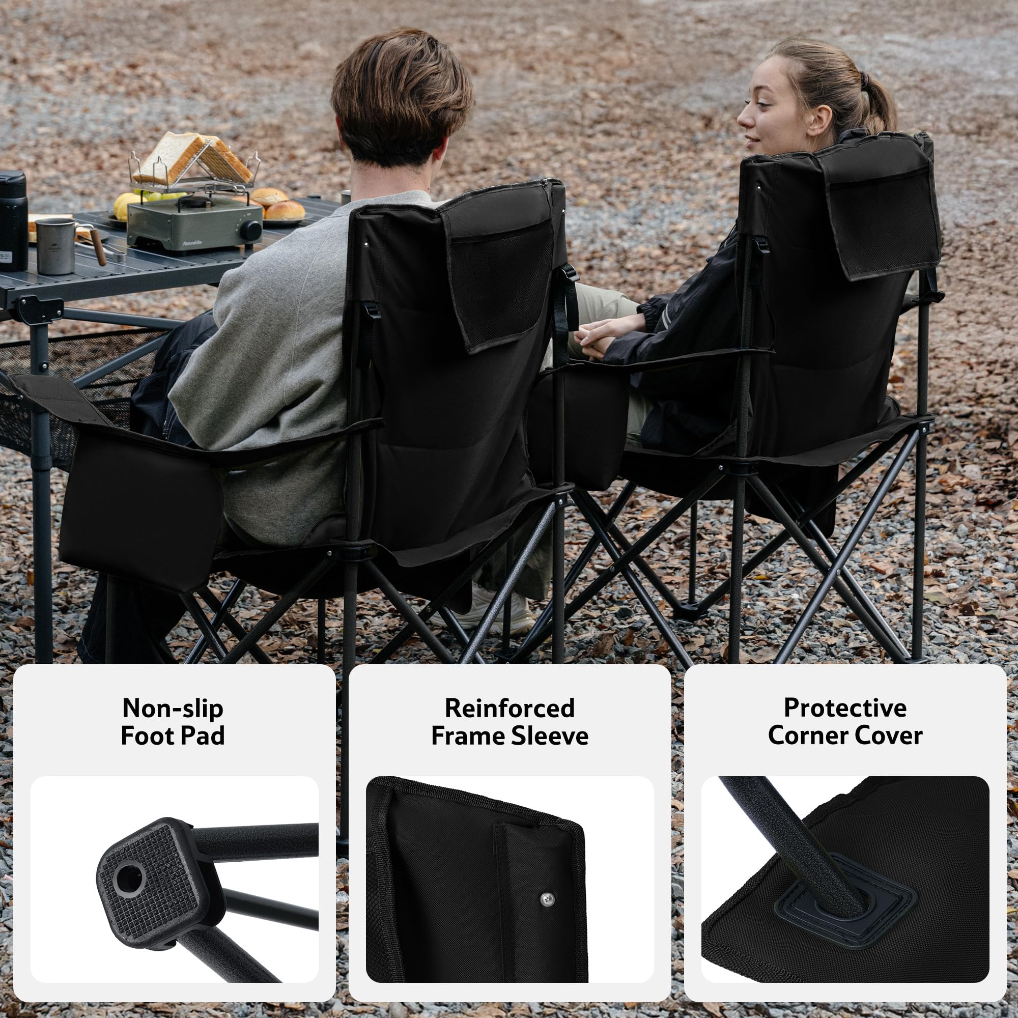 Naturehike 2 sillas de camping portátiles plegables de 200 kg, acolchadas, con soporte para bebidas, silla de pesca, pícnic, jardín, exterior, playa (negro)