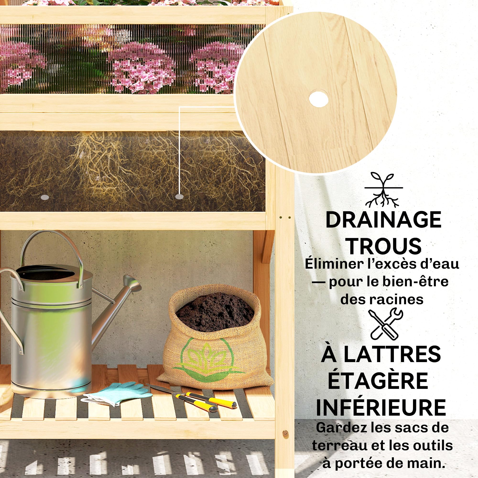 Outsunny Carré Potager sur Pieds avec Serre 104 x 50 x 120 cm Bois Naturel | Jardinière Surélevée en Bois, Table Latérale Pliante, Étagère de Rangement, pour Légumes, Fleurs, Herbes