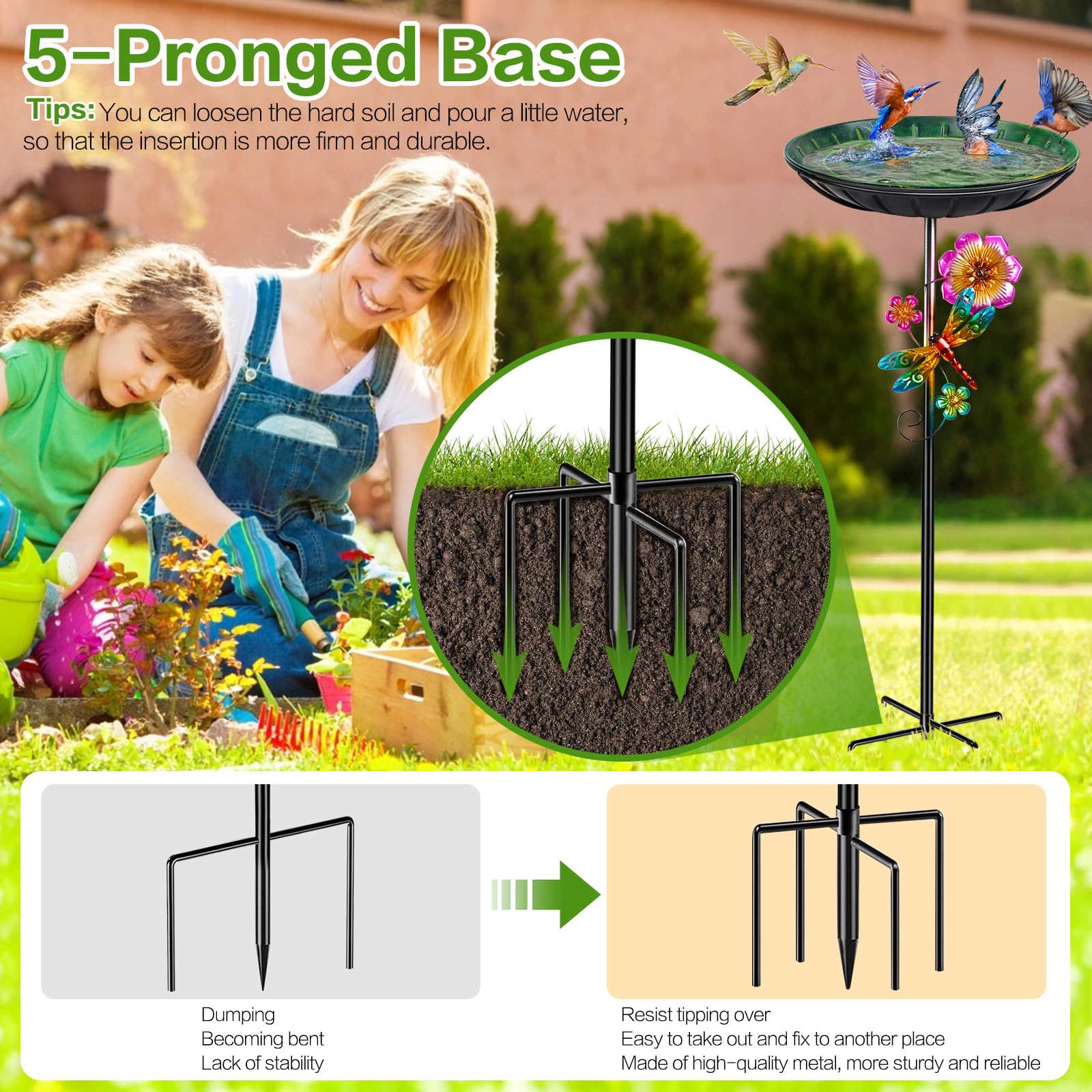 Vogeltränke Stehend 96cm, Vogelbad für Draußen Garten, Metall Futter Schale mit Stabiler 5-Zinken-Basis, Wassertränke für Vögel Vogeltränke Groß Winterfest Frostsicher (Vintage Grün) - 4