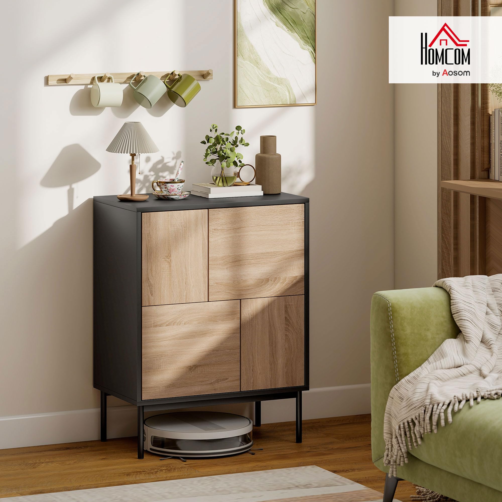 HOMCOM Sideboard z drzwiami PTO 60x35x75cm Czarny+Naturalne drewno
