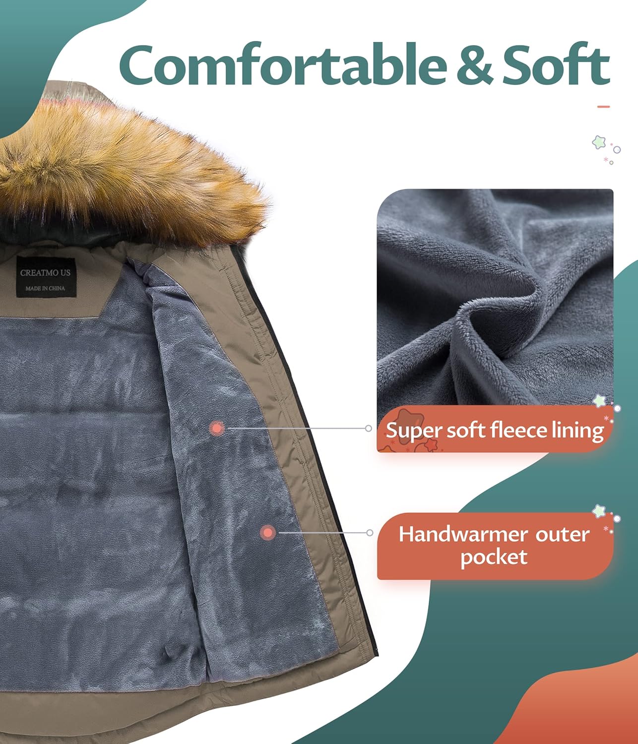 CREATMO US Boy's Winter Parka Water Resistant Hooded Puffer Fleece Lined Jackets Coats - Image 3