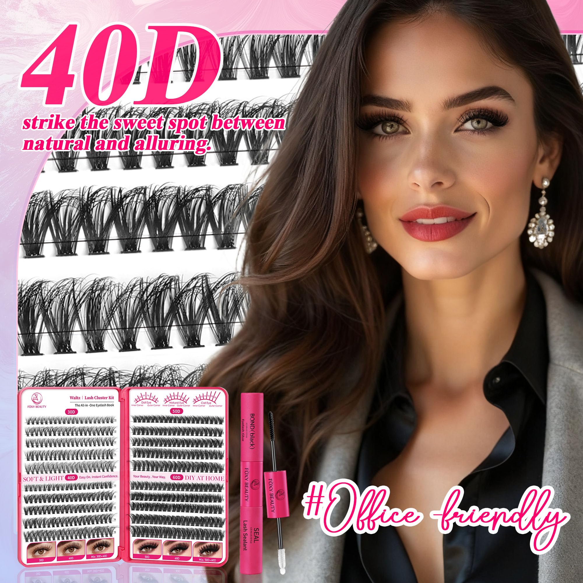 Foxy Beauty 640-częściowy zestaw do przedłużania rzęs D z klejem, uszczelniaczem, zmywaczem, aplikatorem i książką, DIY w domu
