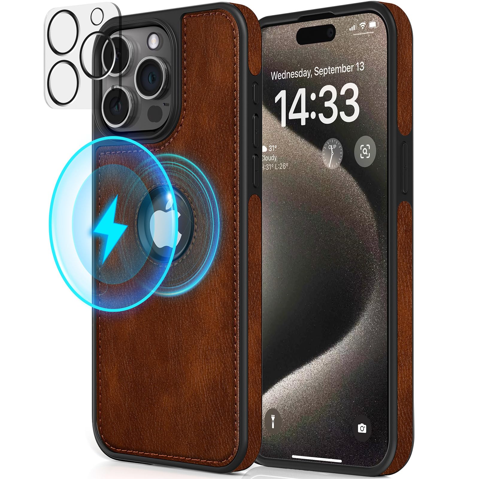 LOHASIC Compatible with Magsafe for iPhone 15 Pro Case, Luxury PU Leather Soft Magnetic Back Logo Visible Rugged Protective Phone Cases with Camera Protector for iPhone 15 Pro - Dark Brown