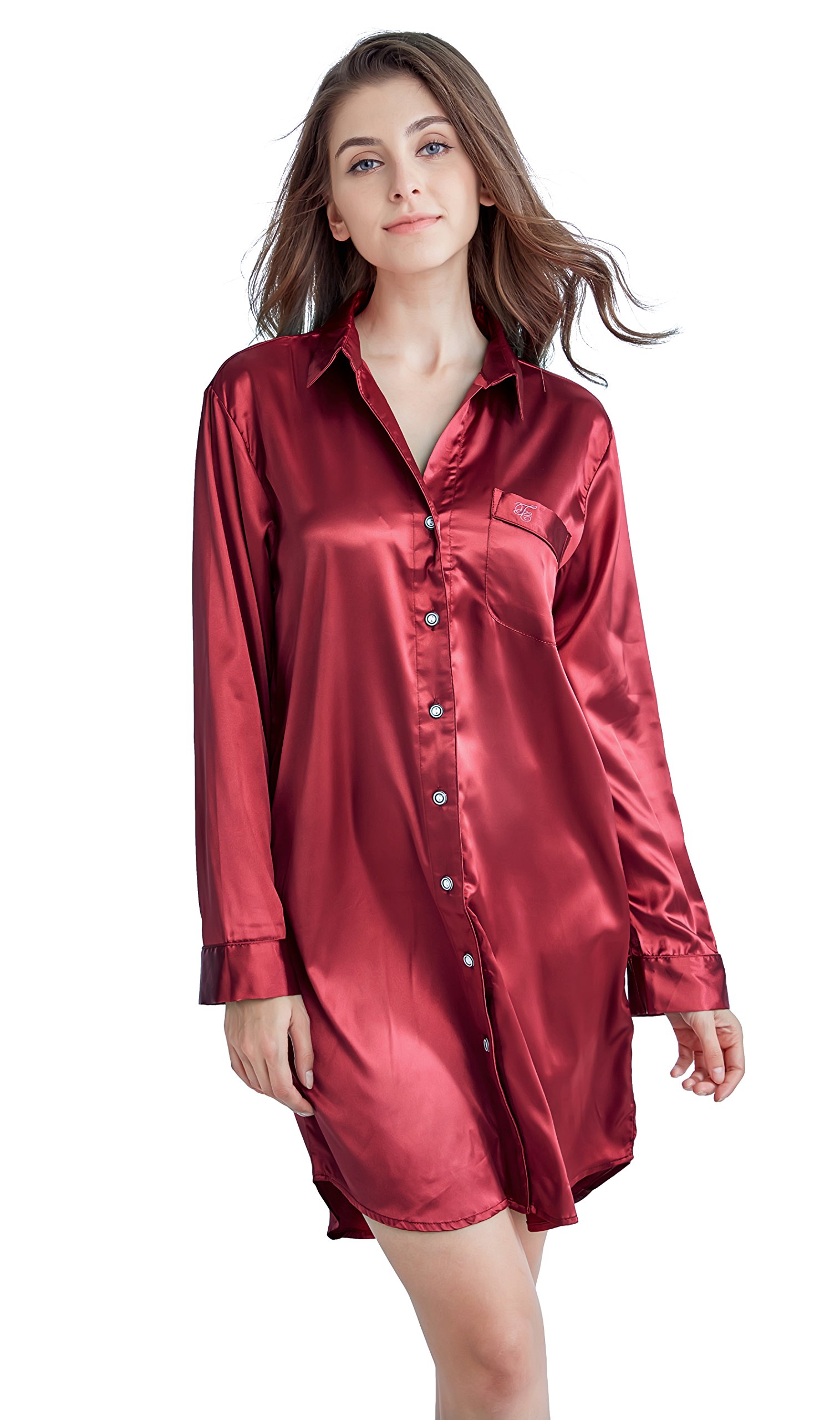 TONY AND CANDICE Women’s Sleep Shirt, Satin Pajama Top Long Sleeve Nightshirt