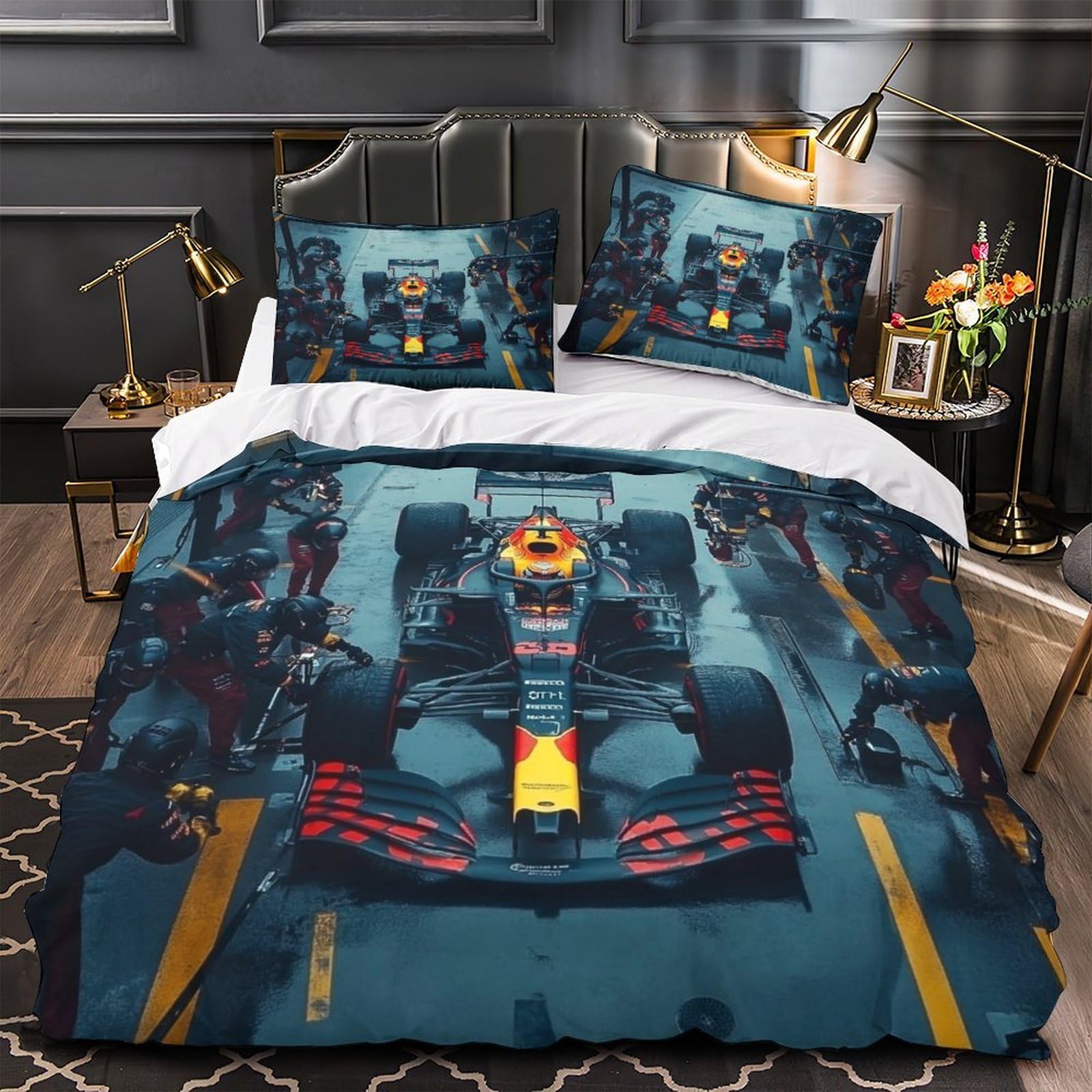 3U6C4M9K Formulaa Racing Pattern Bedding Set Super King（260x220cm）, Pit Stop Duvet Cover with Pillowcases, Quilt Cover Set Soft Microfiber Comforter Cover