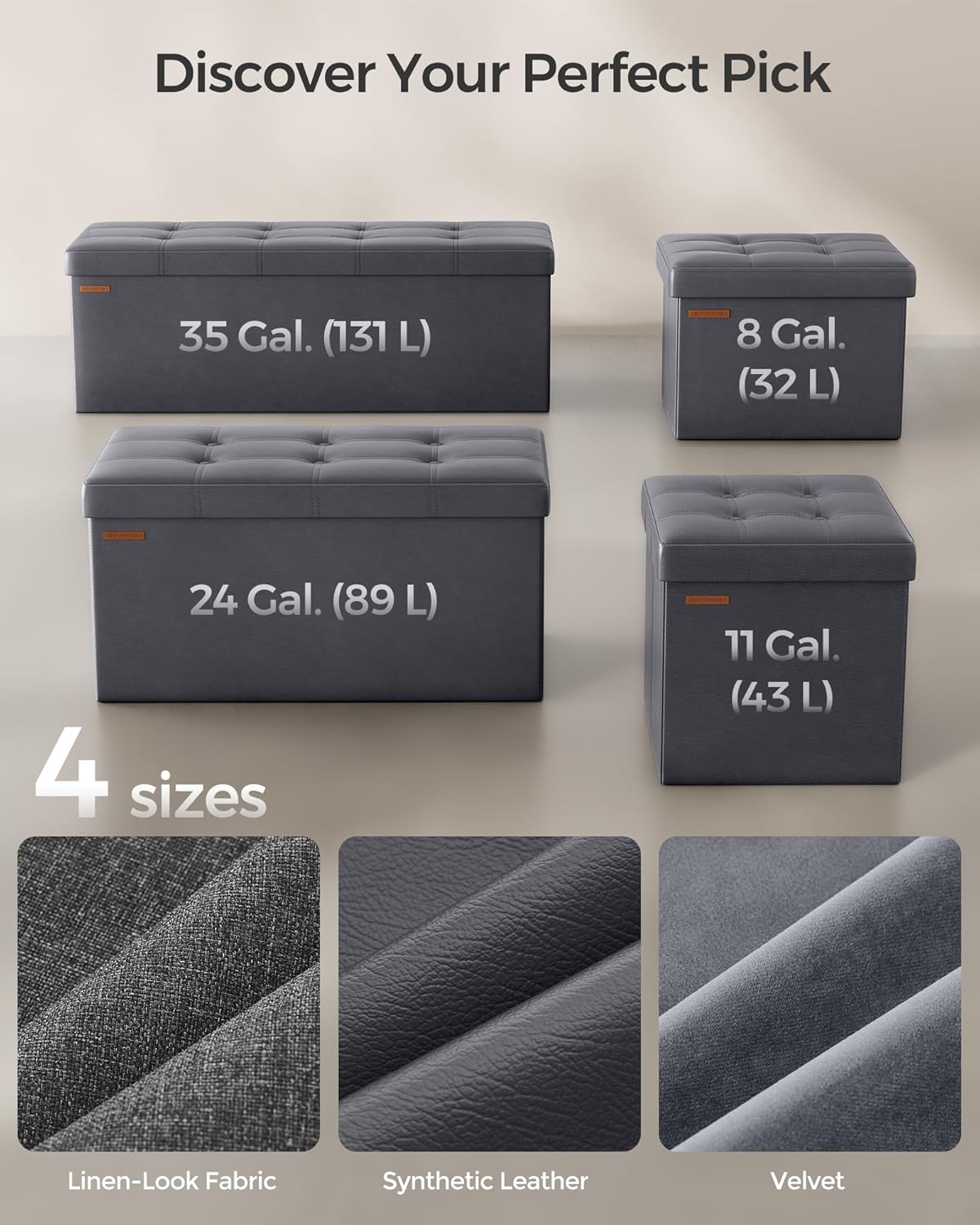 SONGMICS Mazie Collection - 30 Inches Folding Storage Ottoman Bench, Ottoman with Storage, Foot Rest Stool, Load 660 lb, for Living Room, Synthetic Leather, Dark Gray ULSF040G01