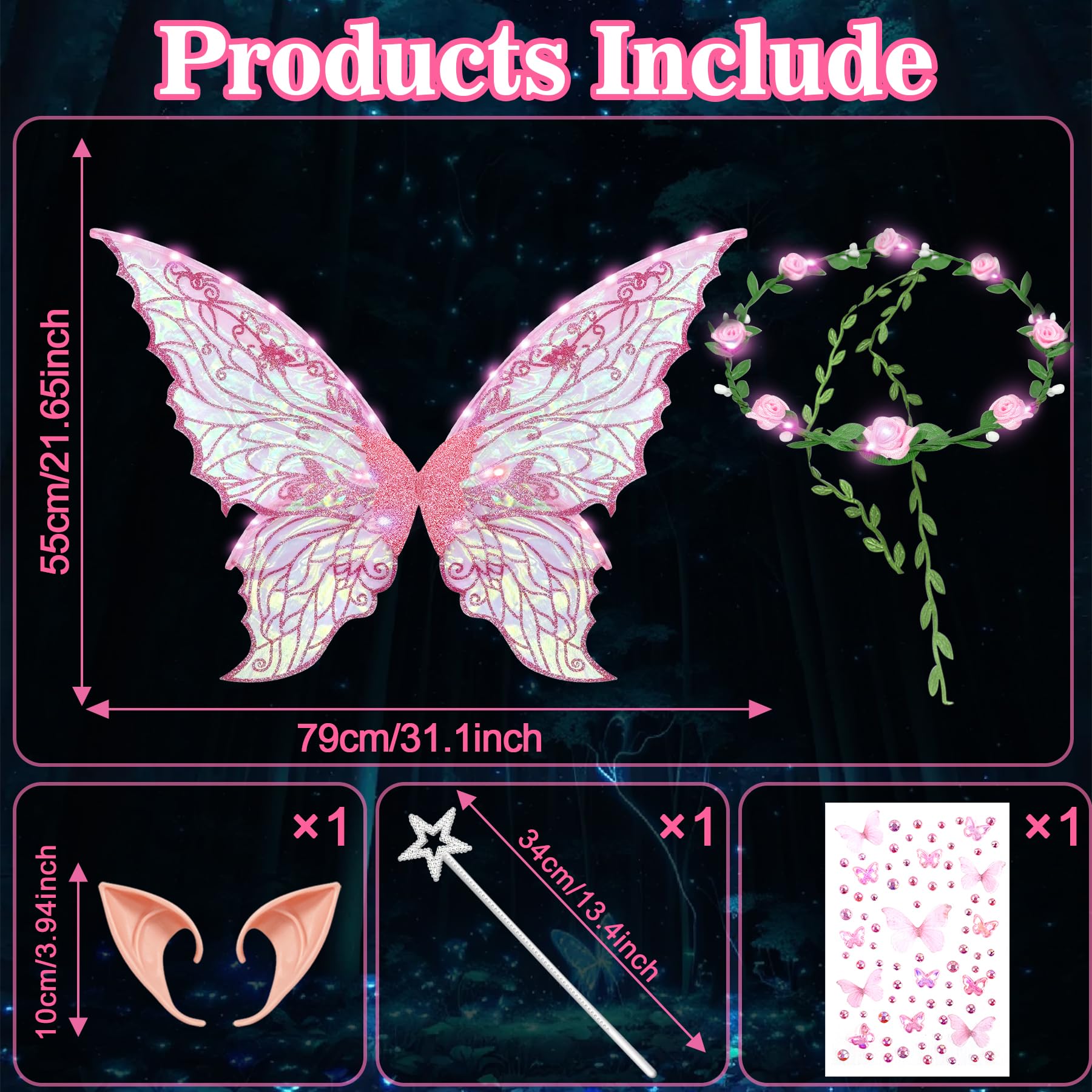 YeahBoom Fairy Wings LED Luminous with Elf Ears LED Fairy Headband and Star Wands Butterfly Wings Costume for Carnival Party - Image 2