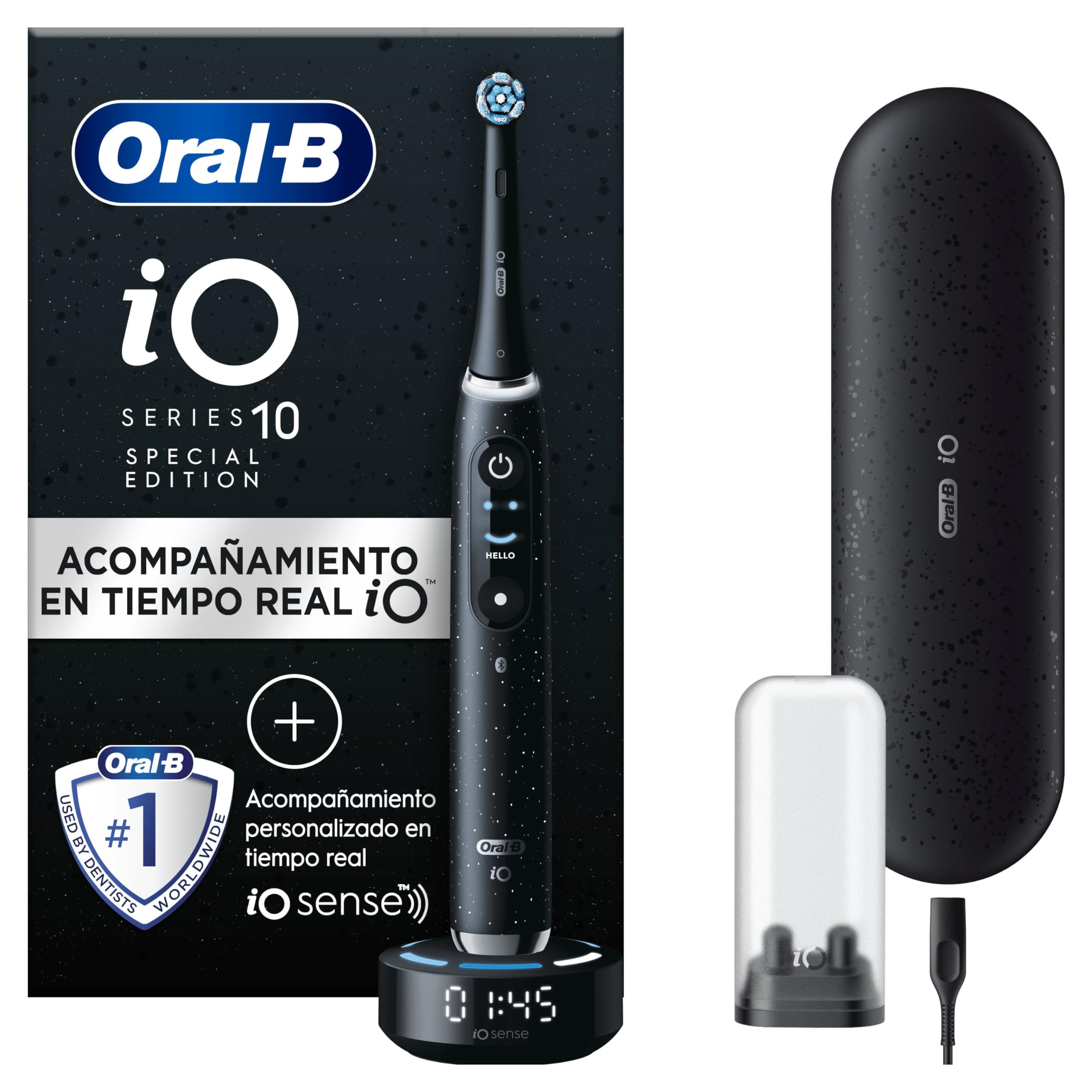 Oral-B iO 10 Cepillo de Dientes Eléctrico Negro, + 1 Cabezal y 1 Estuche Cargador de Viaje, Diseñado por Braun