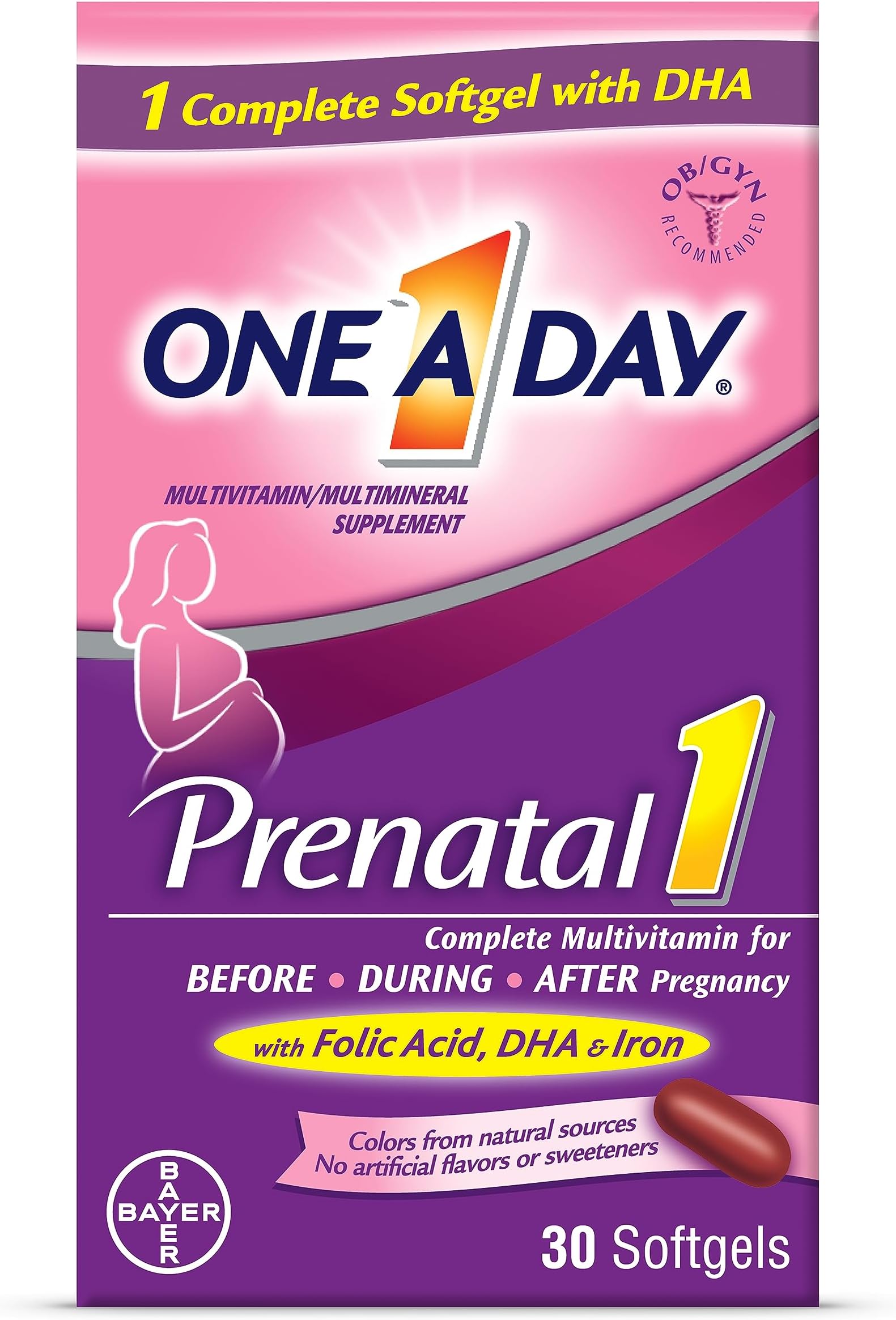 ONE A DAYWomen's Prenatal 1 Multivitamin including Vitamin A, Vitamin C, Vitamin D, B6, B12, Iron, Omega-3 DHA & more, 30 Count - Supplement for Before, During, & Post Pregnancy