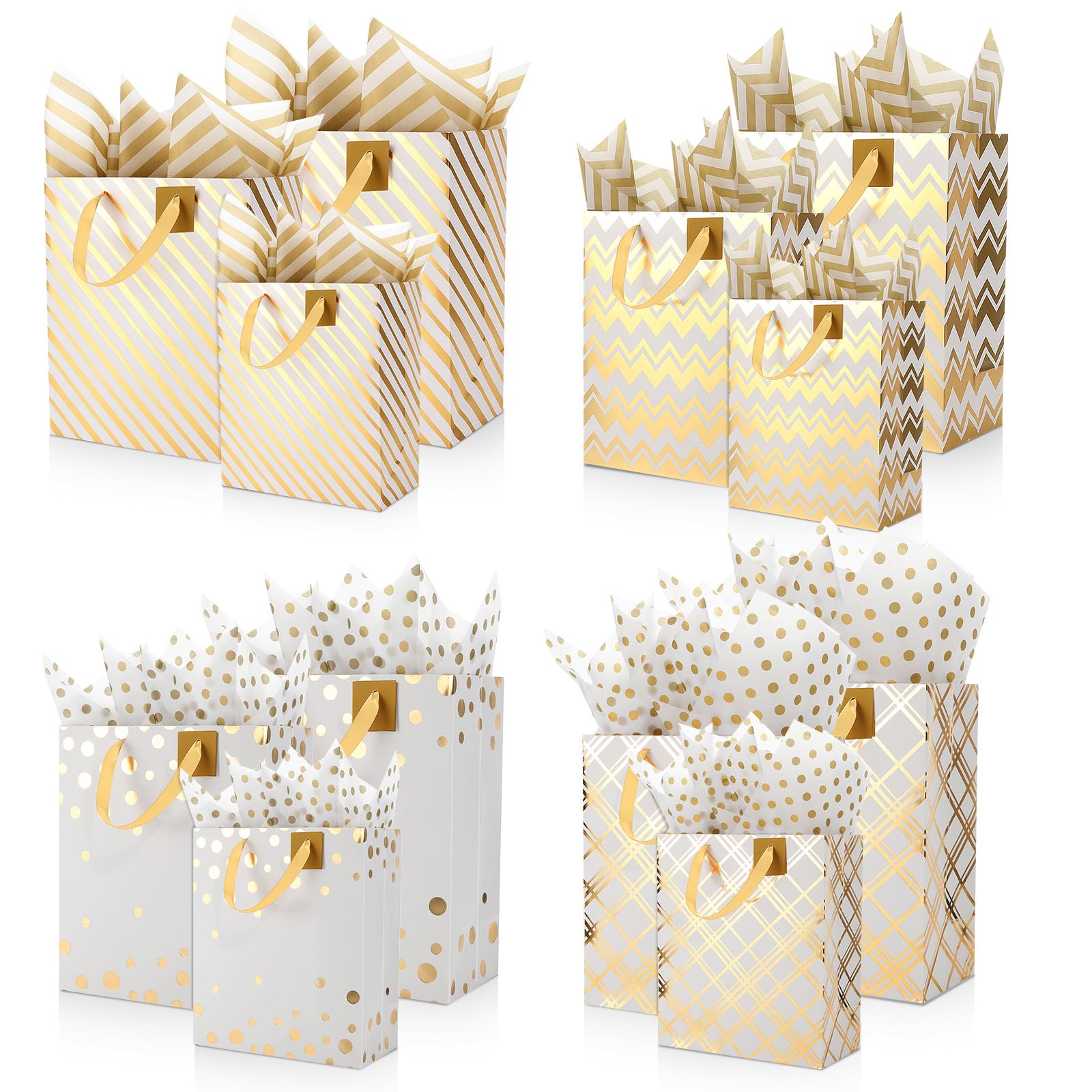 Tenare 12 Pcs Mulit Assorted Sizes Gift Bags Metallic Paper Bag Bulk Small Medium with Handle Tissue Paper for Christmas Gift Wrap Birthday New Year Baby Shower Party Favor Supplies(White.gold)