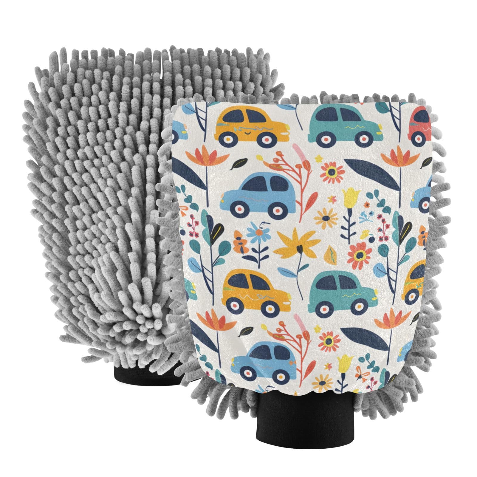 IOACIY Absorbent Microfiber Car Wash Drying Mitts, 2 Pack, Scratch-Free & Lint-Free, Rich Foam, Highly Absorbent, Double Sided, Wash Mitt Perfect for Car Washing, M, Cartoon Car Pattern (1)