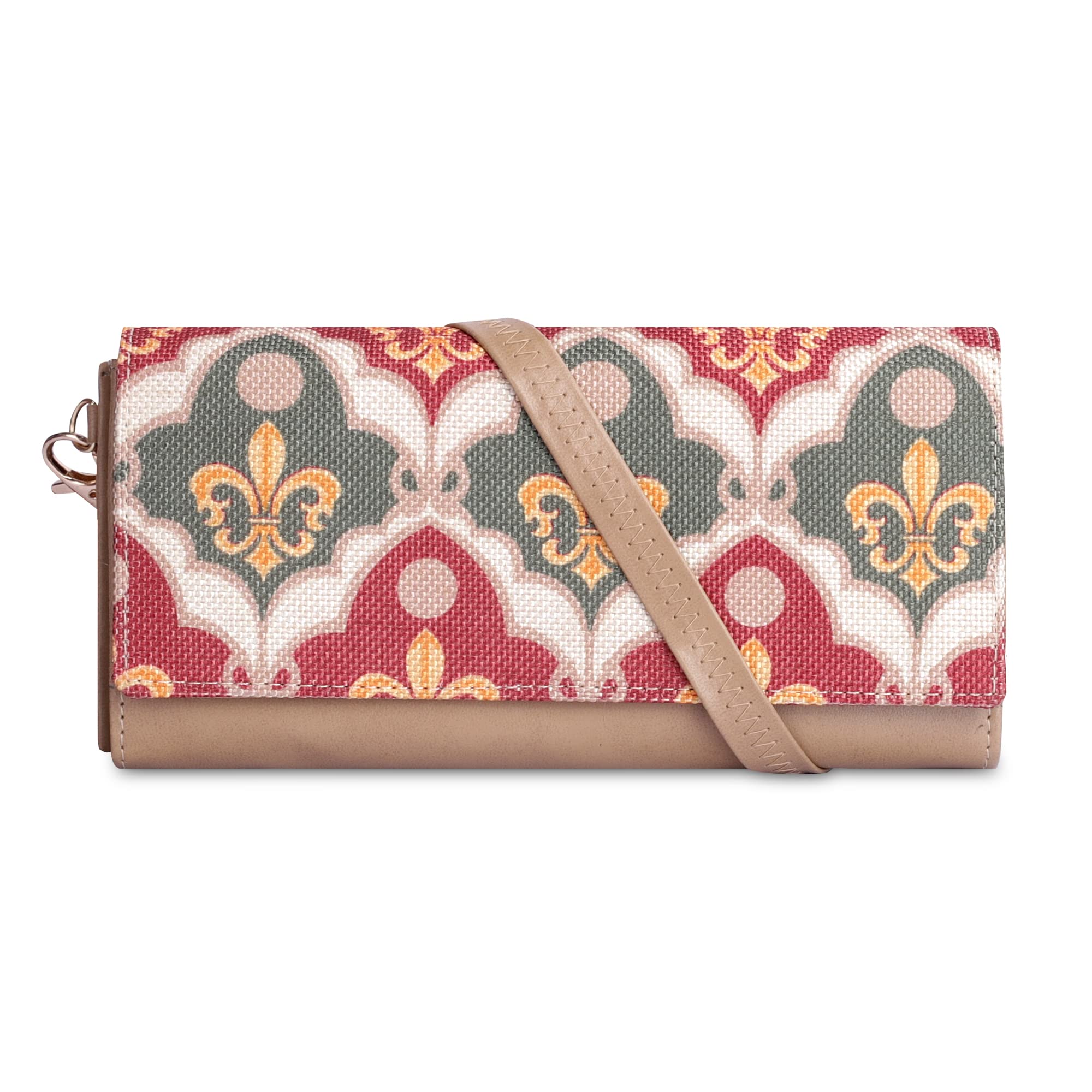 Jolene Printed Handicraft Fabric & Vegan Leather Ladies Wallet Purse Sling Bag with Multiple Card Slots (Pink-Rangoli Design)-image-26